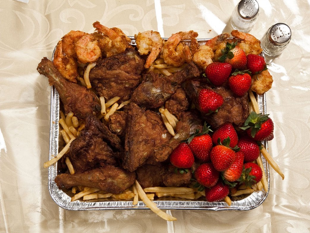 12 fried shrimp, bucket of original recipe KFC, french fries, a pound of strawberries