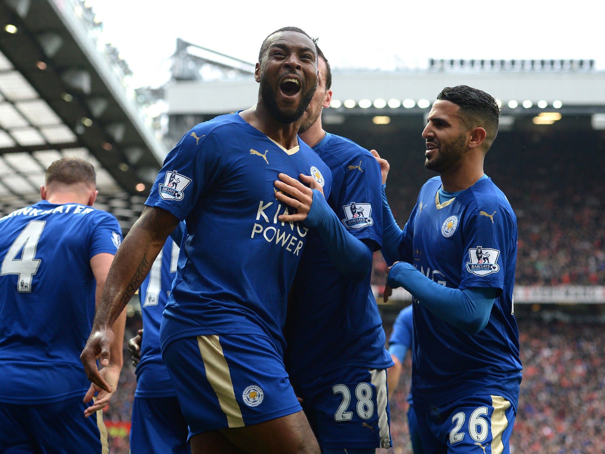 Wes Morgan celebrates scoring against Manchester United