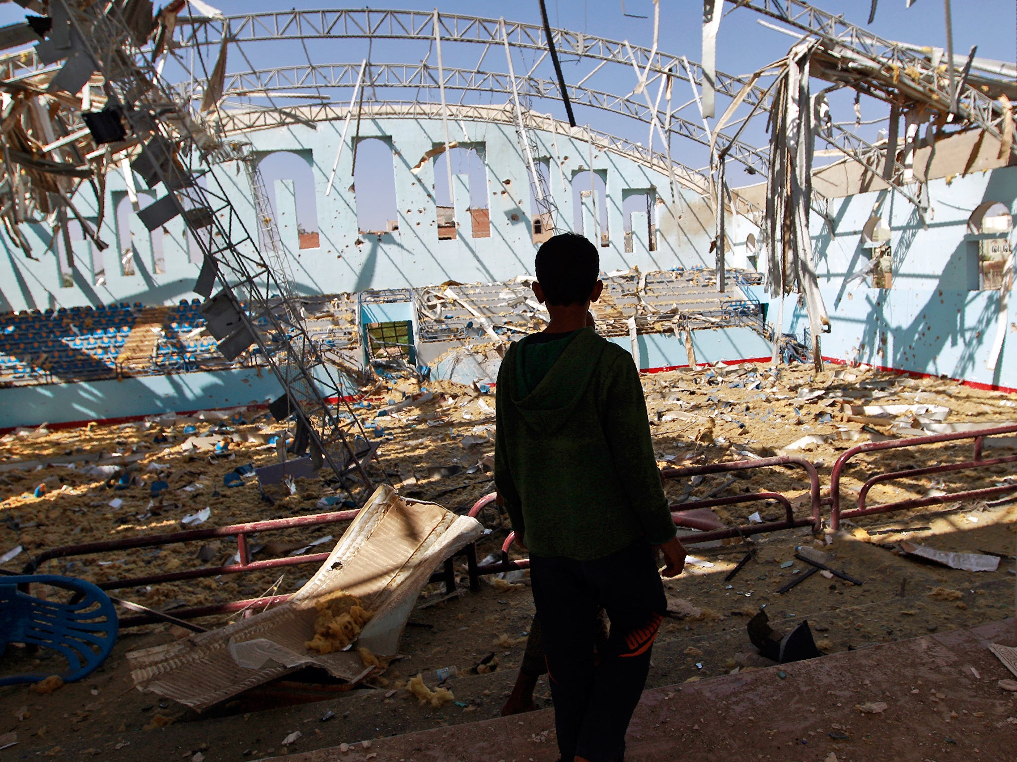 A sports hall destroyed by Saudi-led air strikes in Sanaa