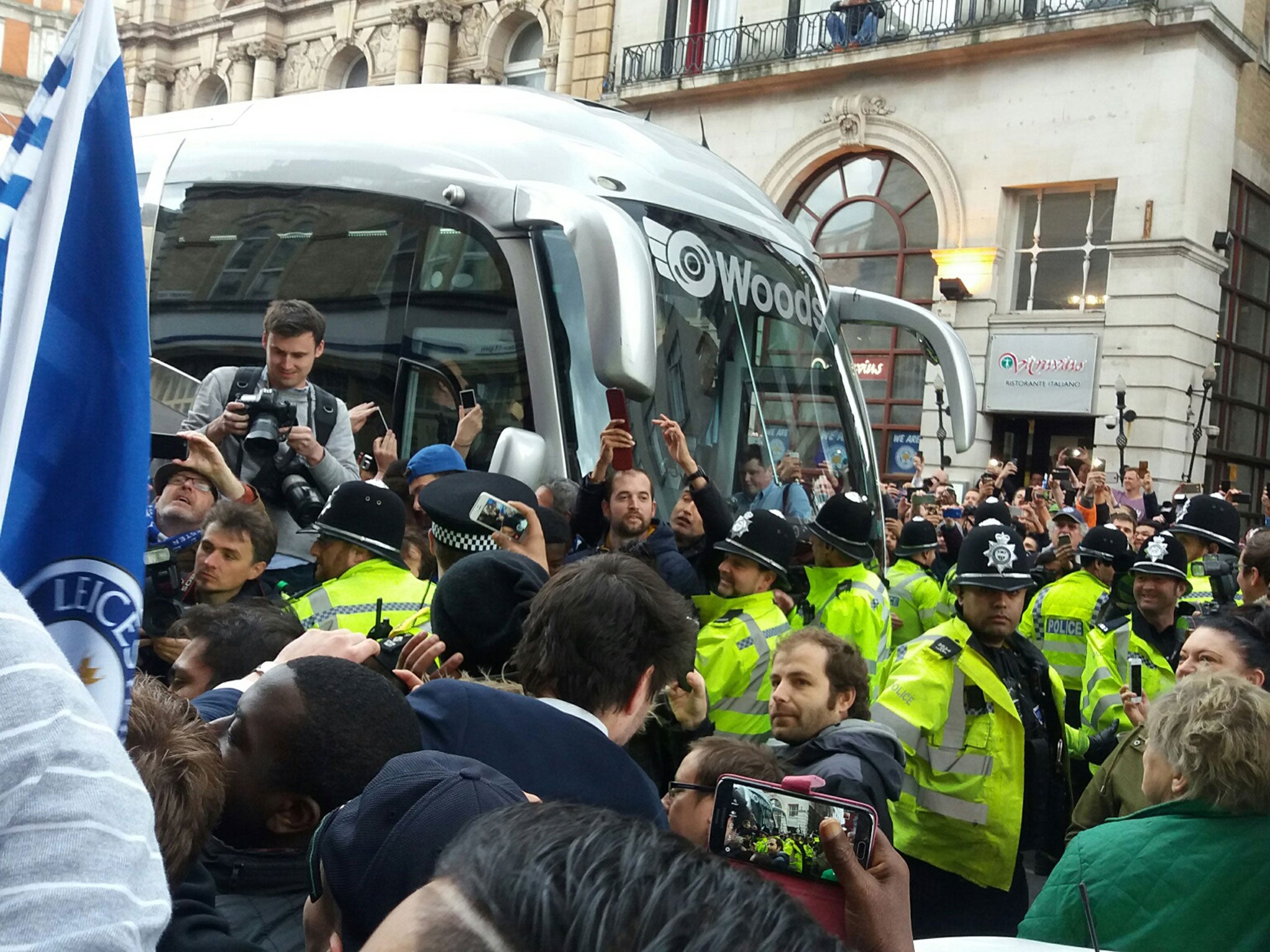 The bus arrives at the restaurant