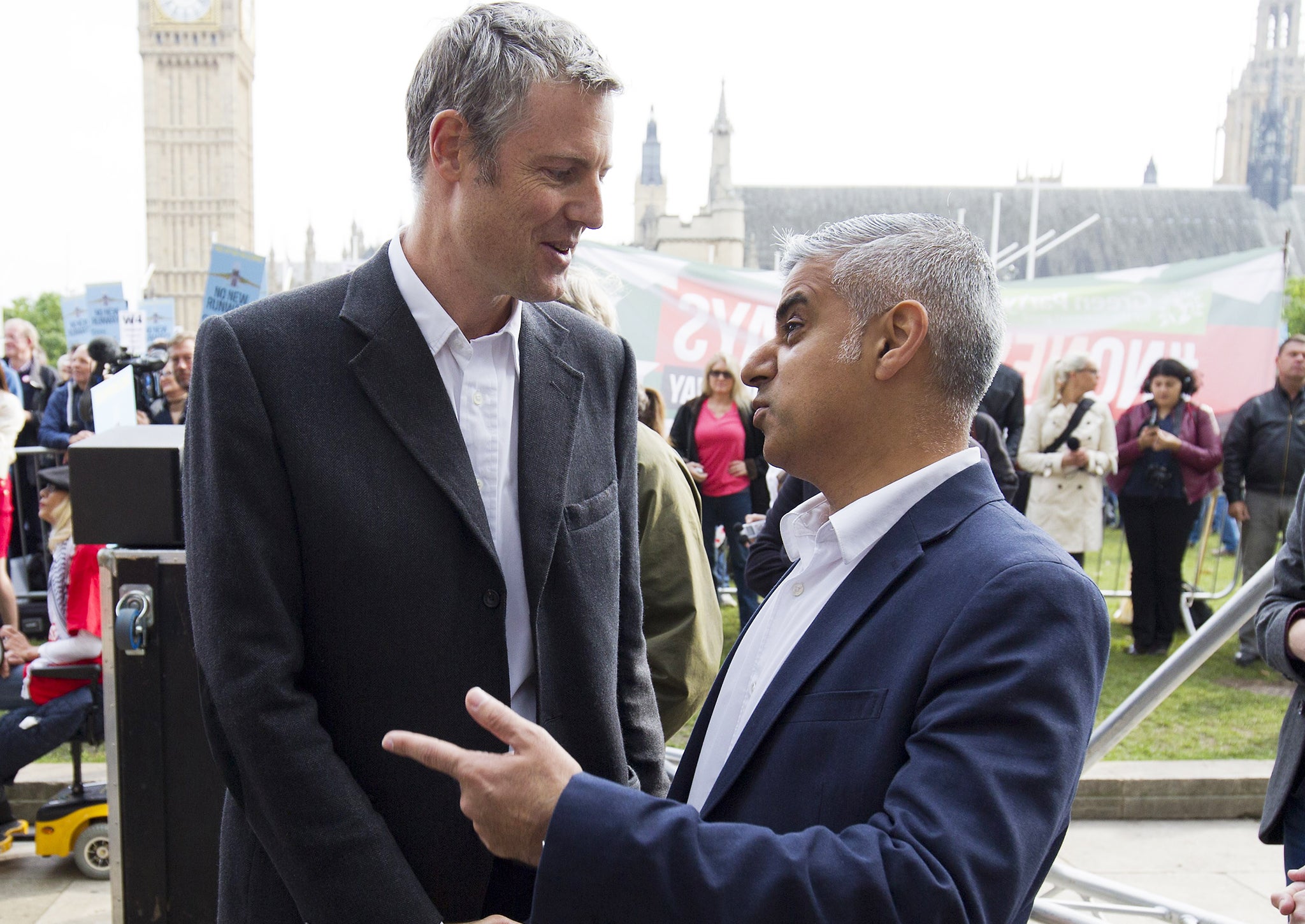 Zac Goldsmith and Sadiq Khan attend a rally against a third runway at Heathrow airport, in Parliament Square on October 10, 2015 in London