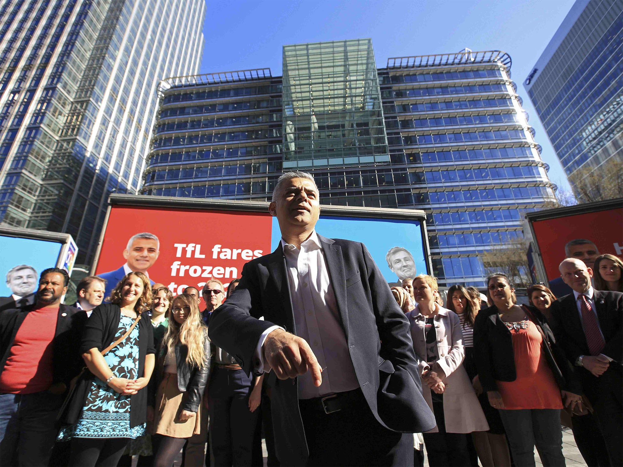 Khan speaks to supporters at Canary Wharf