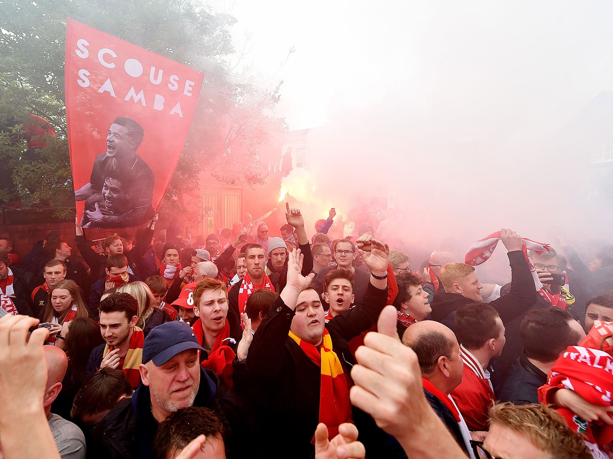 Liverpool fans greet their side ahead of the Europa League semi-final with Villarreal