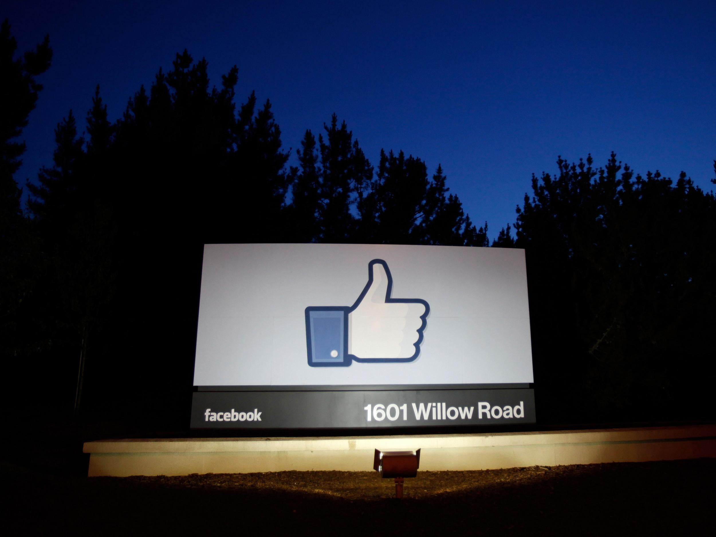 A 'Like' sign stands at the entrance to Facebook HQ in Menlo Park, California