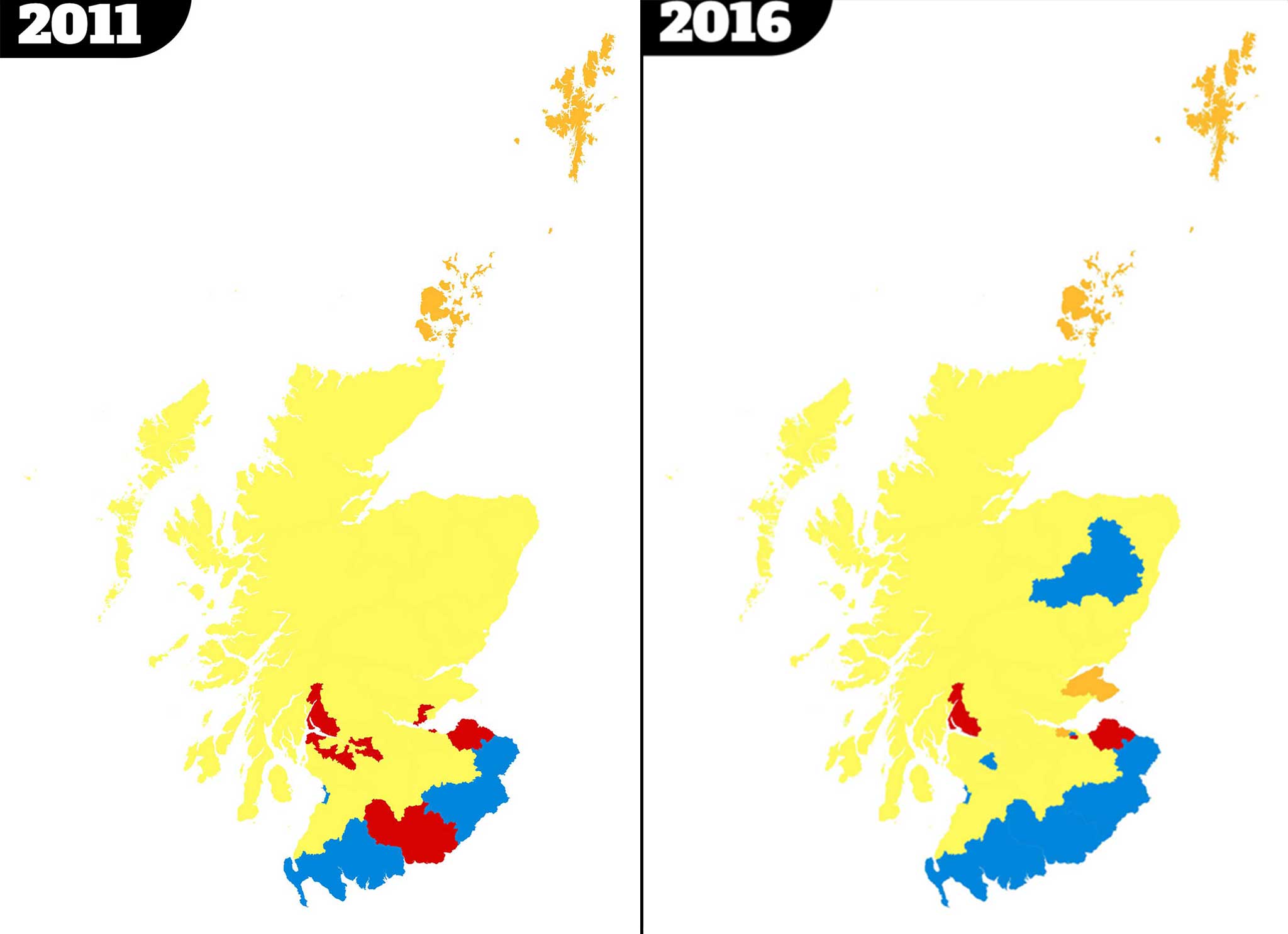 The two maps below show how Scotland's political outlook has changed in the five years between this year’s Holyrood elections and those in 2011 (