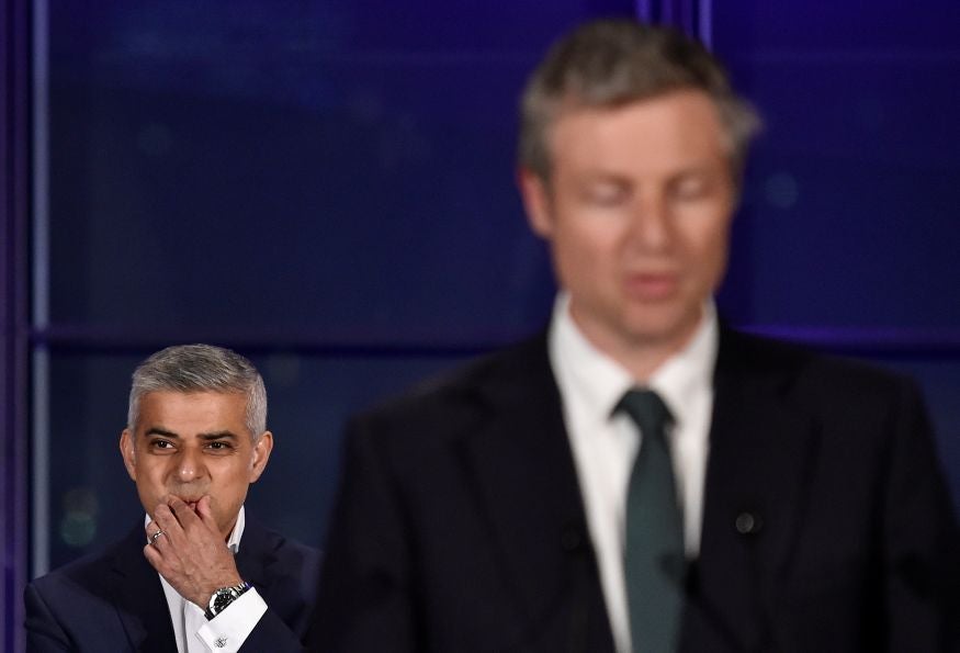 Zac Goldsmith speaking last night as Sadiq Khan looks on