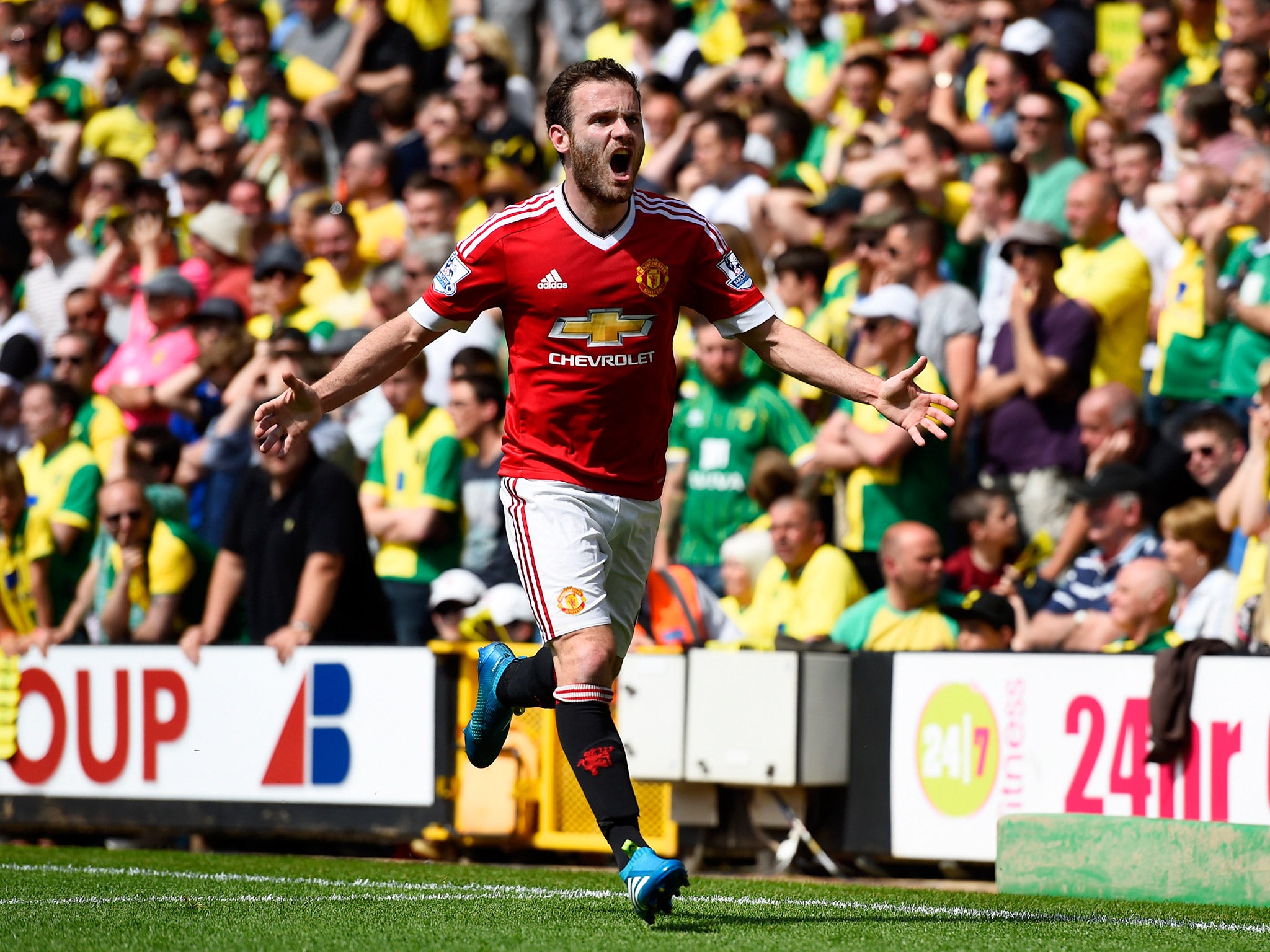 Juan Mata celebrates after putting Manchester United ahead against Norwich