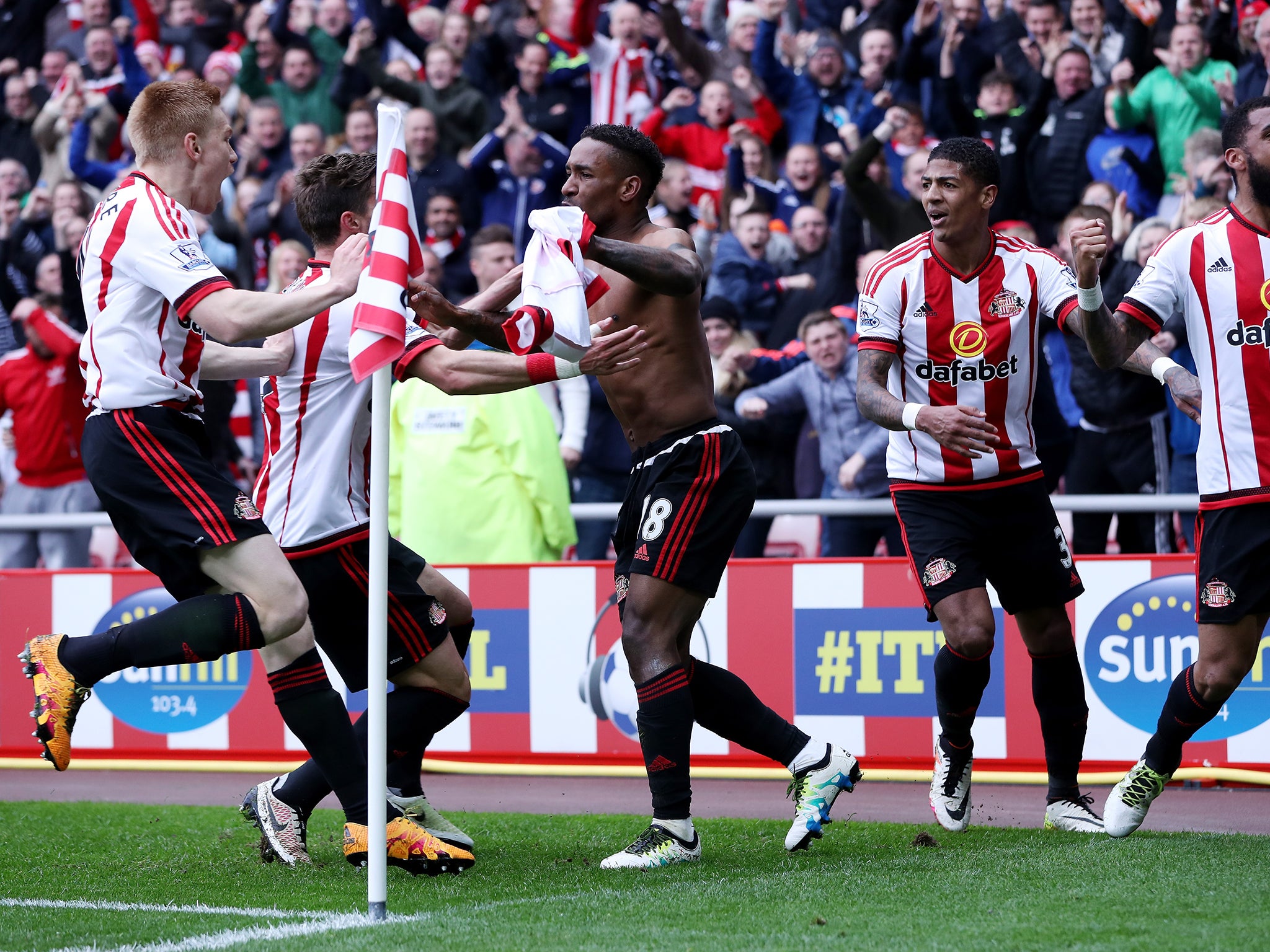 Jermain Defoe celebrates his winner against Chelsea. More of the same on Wednesday night and Sunderland will be safe