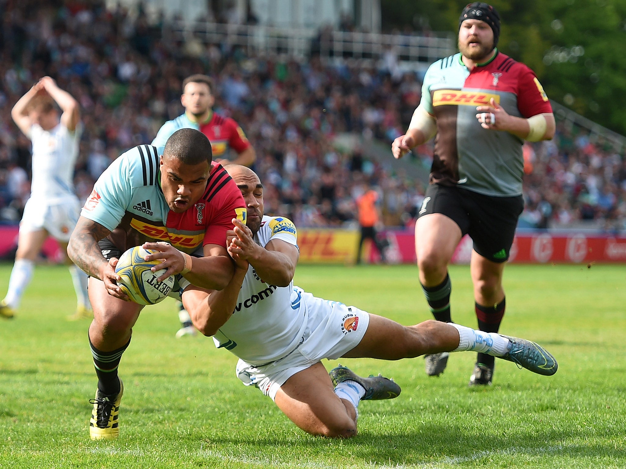 Kyle Sinckler scores a try for Harlequins