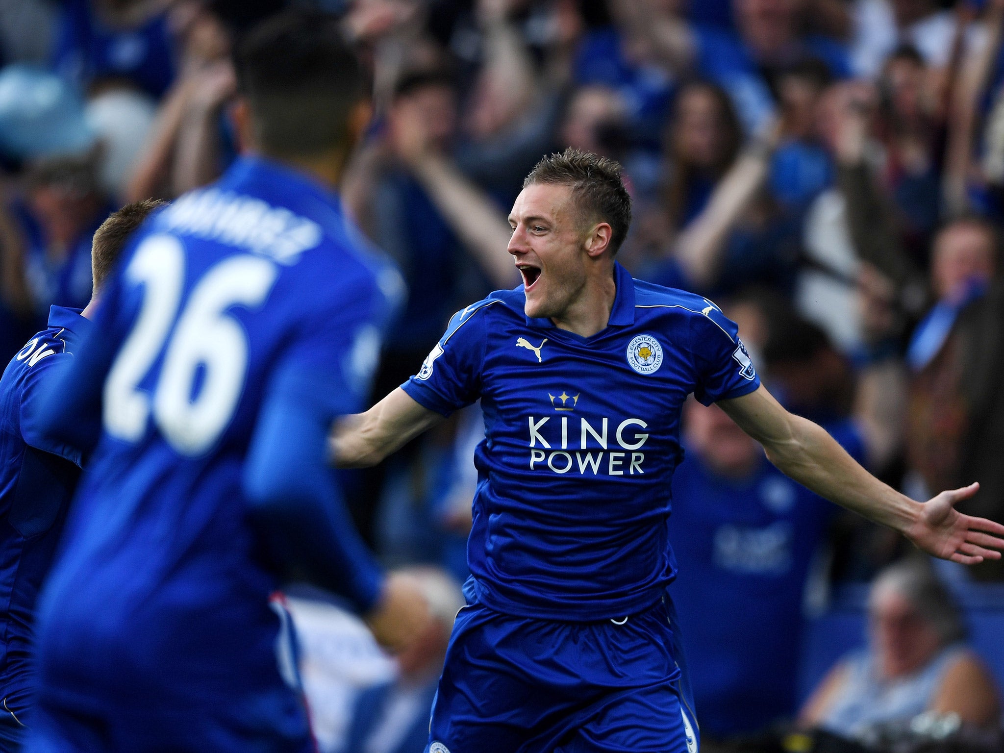 Jamie Vardy wheels away after scoring Leiceste's opener