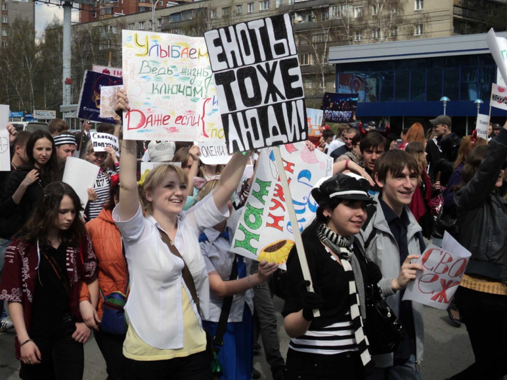 A 'monstration' rally, at which the banners range from the surreal to the pointedly political