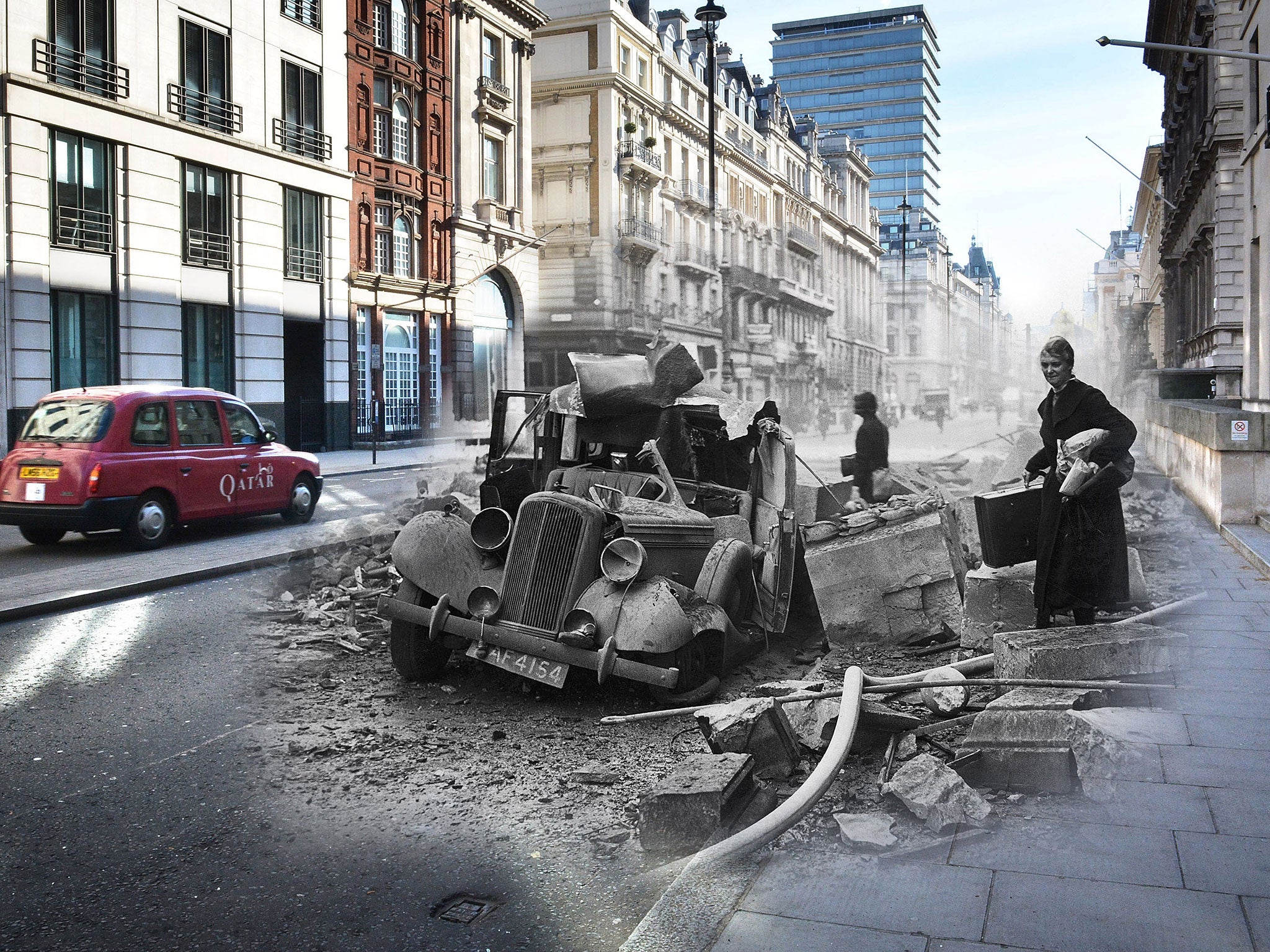 A wrecked Humber car on Pall Mall, London after an air raid during the London Blitz, 15th October 1940 and a street scene at Pall Mall in Piccadilly on May 1, 2016