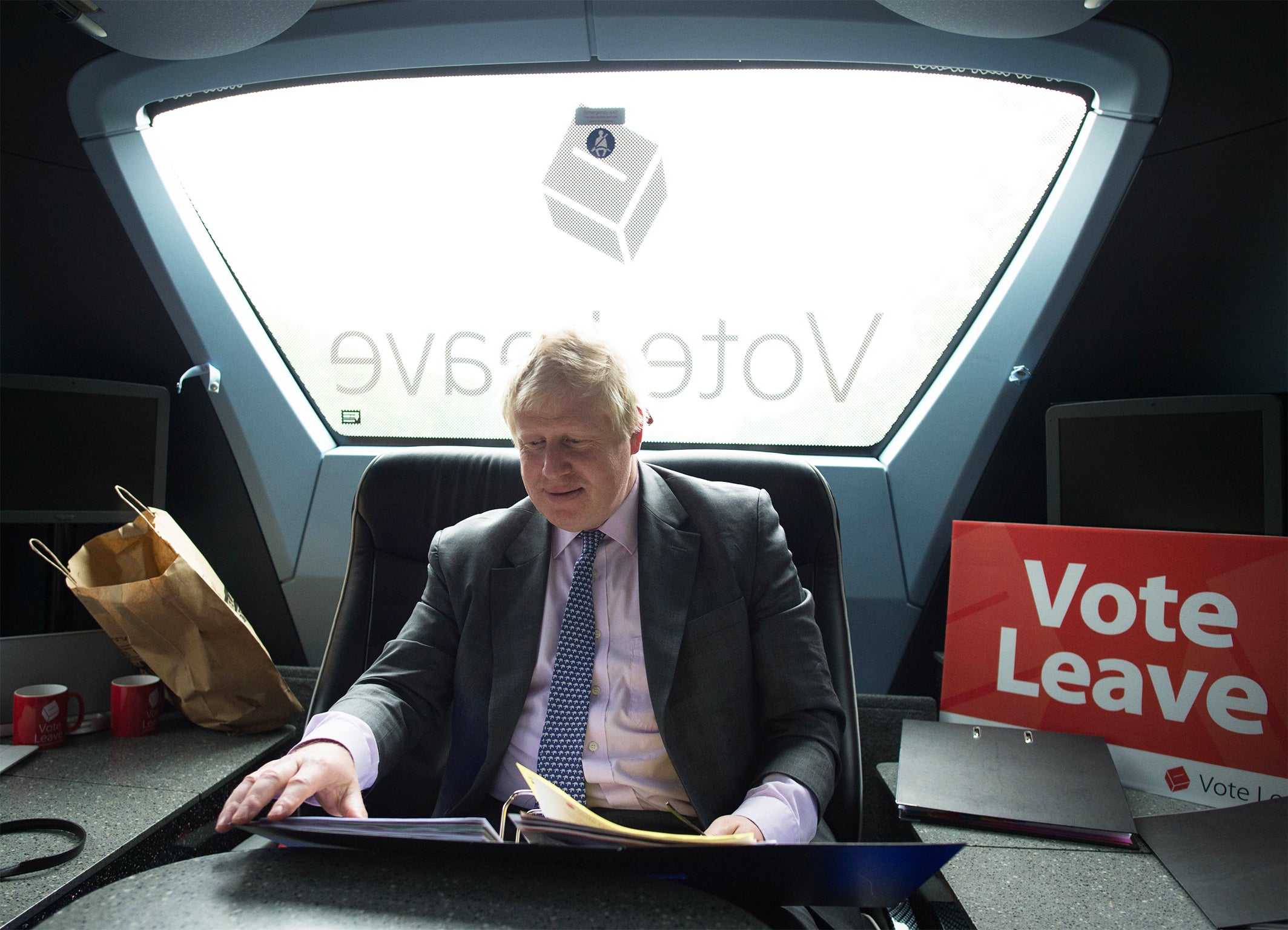 Former Mayor of London Boris Johnson travels on the Vote Leave campaign bus in Cornwall