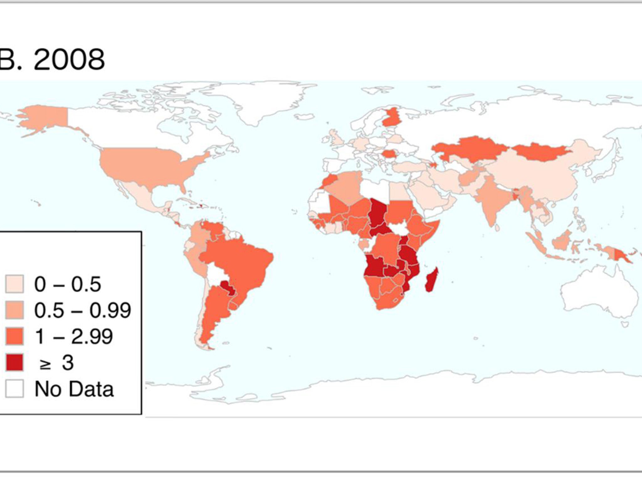 A map showing the percentage rates of syphilis around the world in 2008