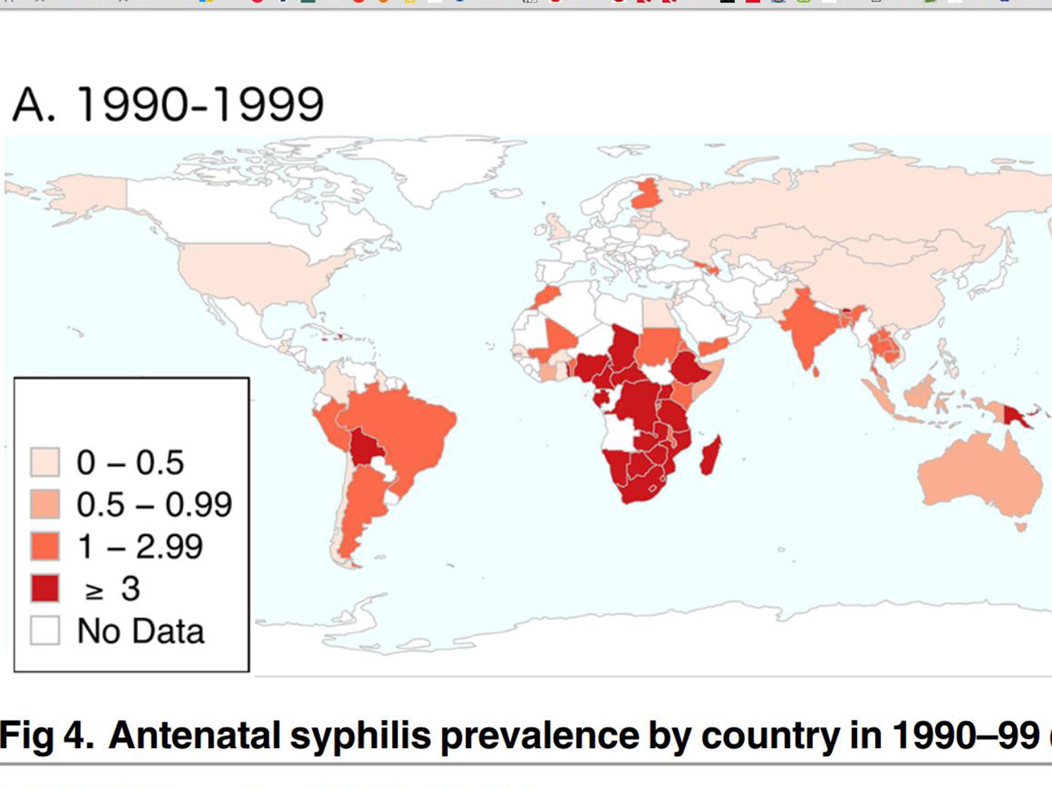 A map showing the percentage rates of syphilis around the world in the 1990s