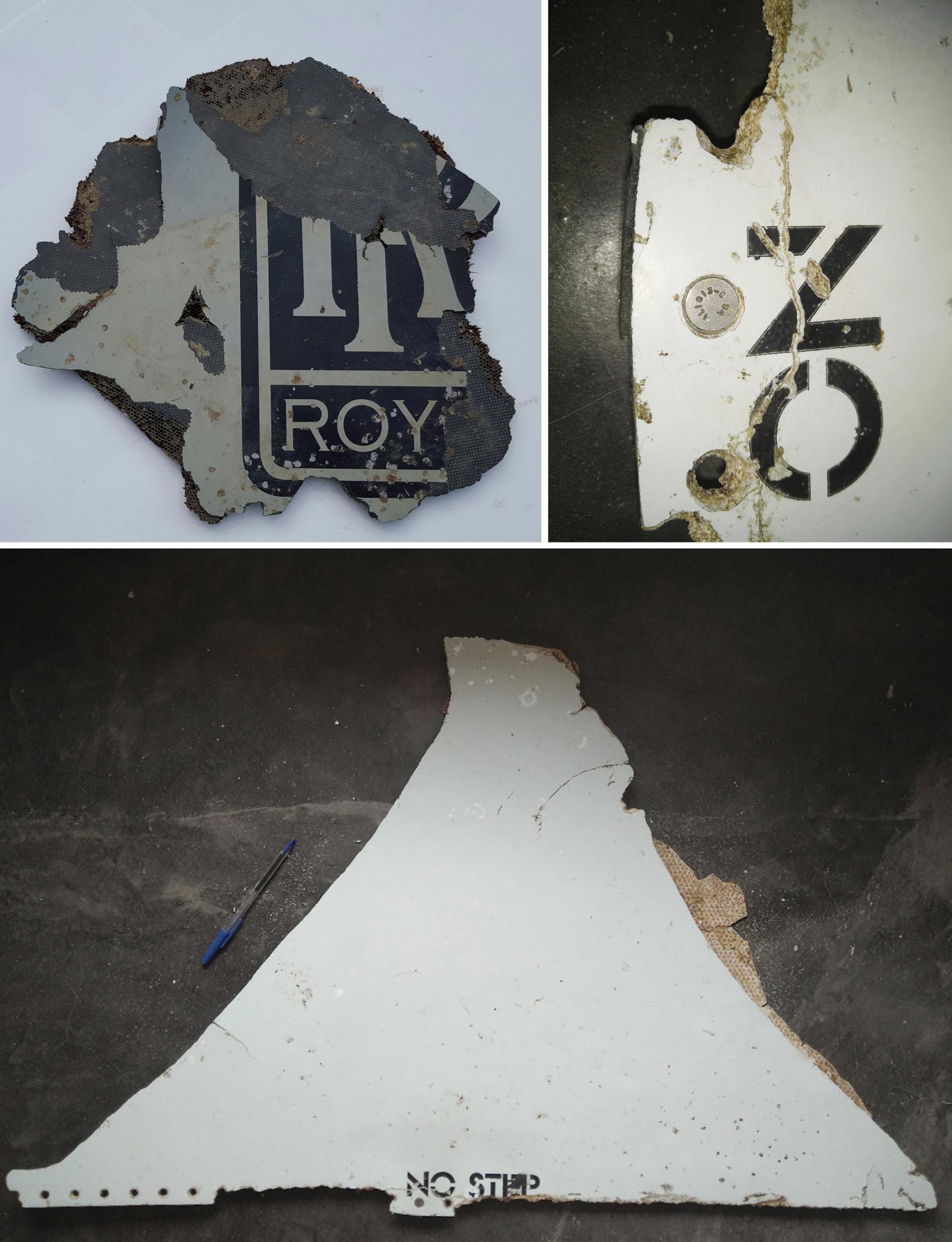 (top left) A part of a plane debris found in Mossel Bay, near Cape Town, South Africa.A further two pieces of debris found on a beach in Mozambique (top right and bottom)