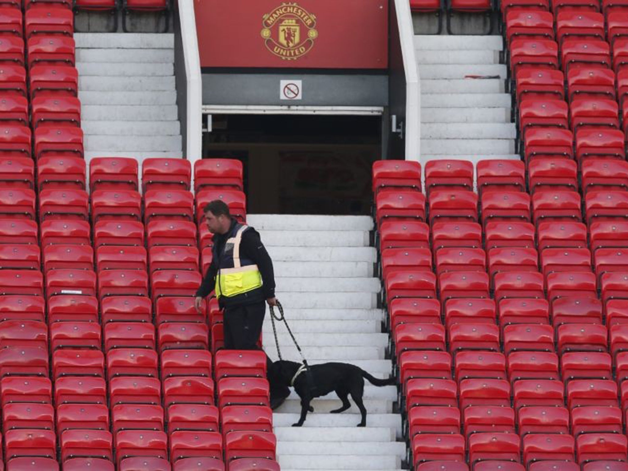 Sniffer dogs at the scene at Old Trafford following the stadium evacuation