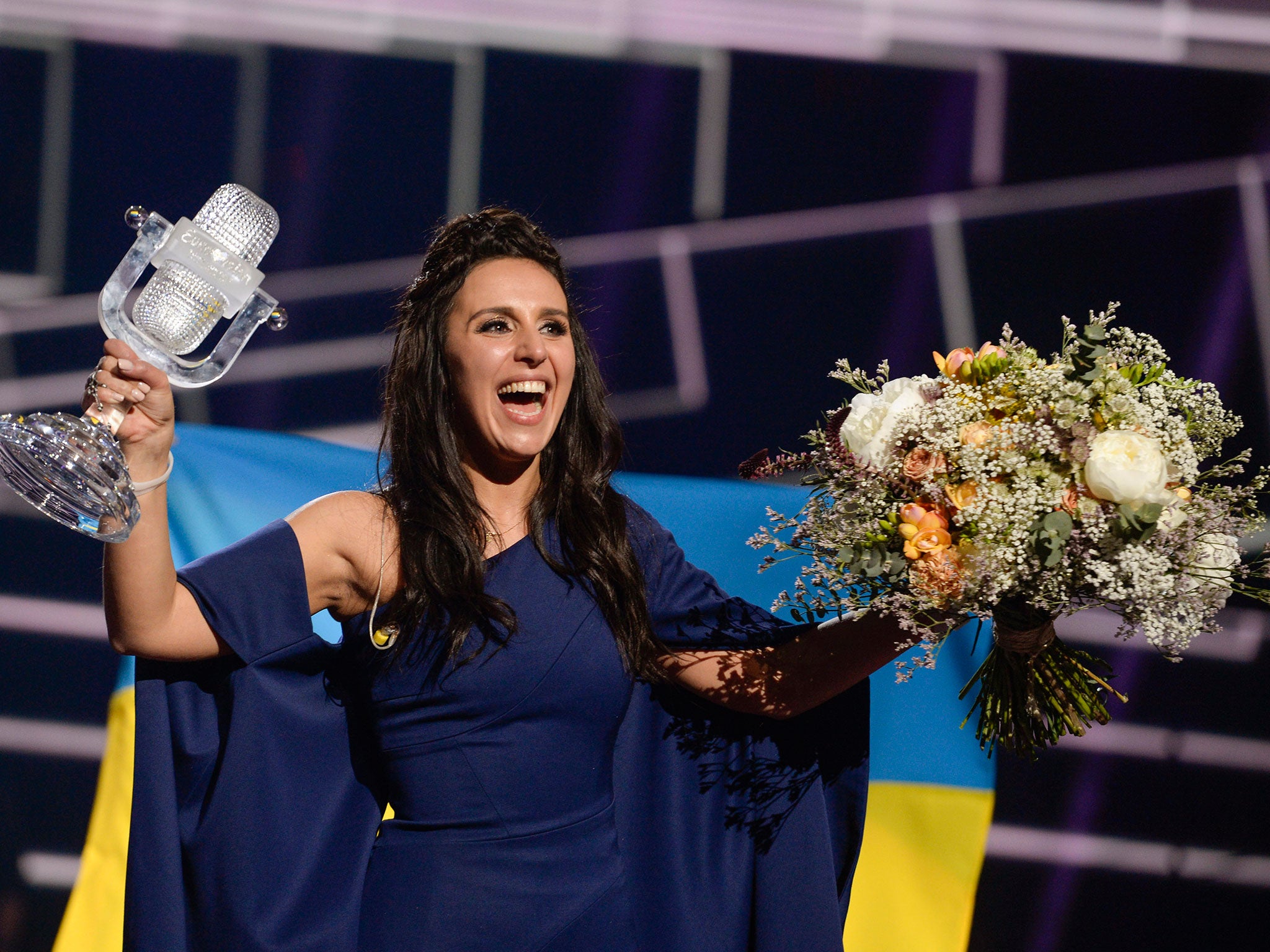 Ukraine's Jamala smiles after winning the 2016 Eurovision Song Contest final, after singing a melancholic tune about the 1944 deportation of Crimean Tatars by Soviet authorities