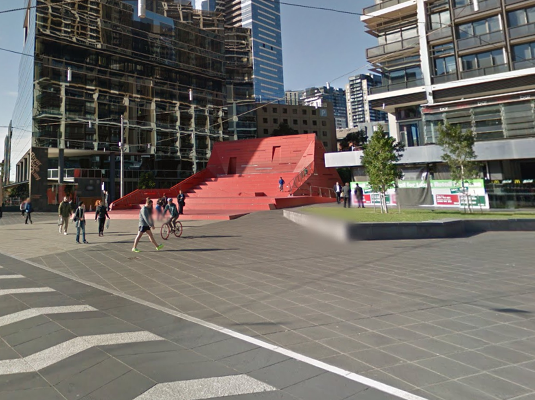 Queensbridge Square in Southbank, Melbourne where a street performer caught fire