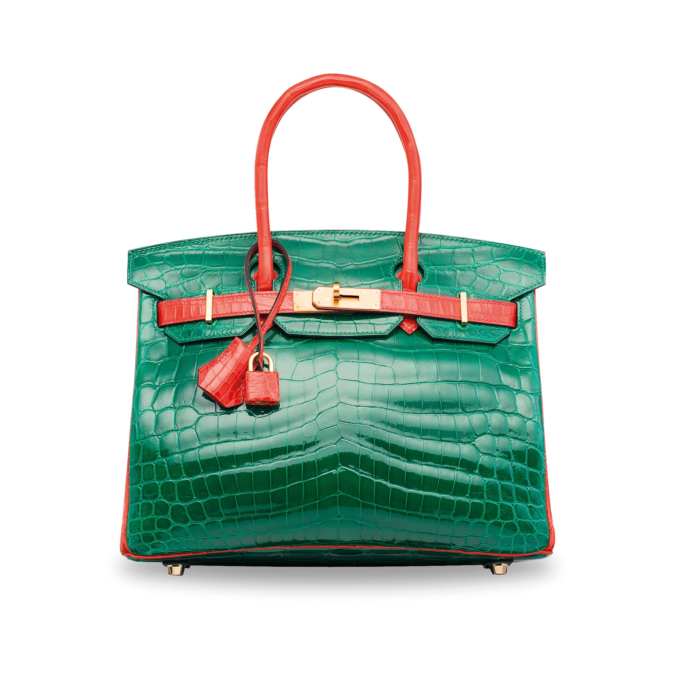 A 2015 emerald-green and geranium crocodile Birkin by Hermès, with a Christie's high estimate of US$78k, by Alexander Fury