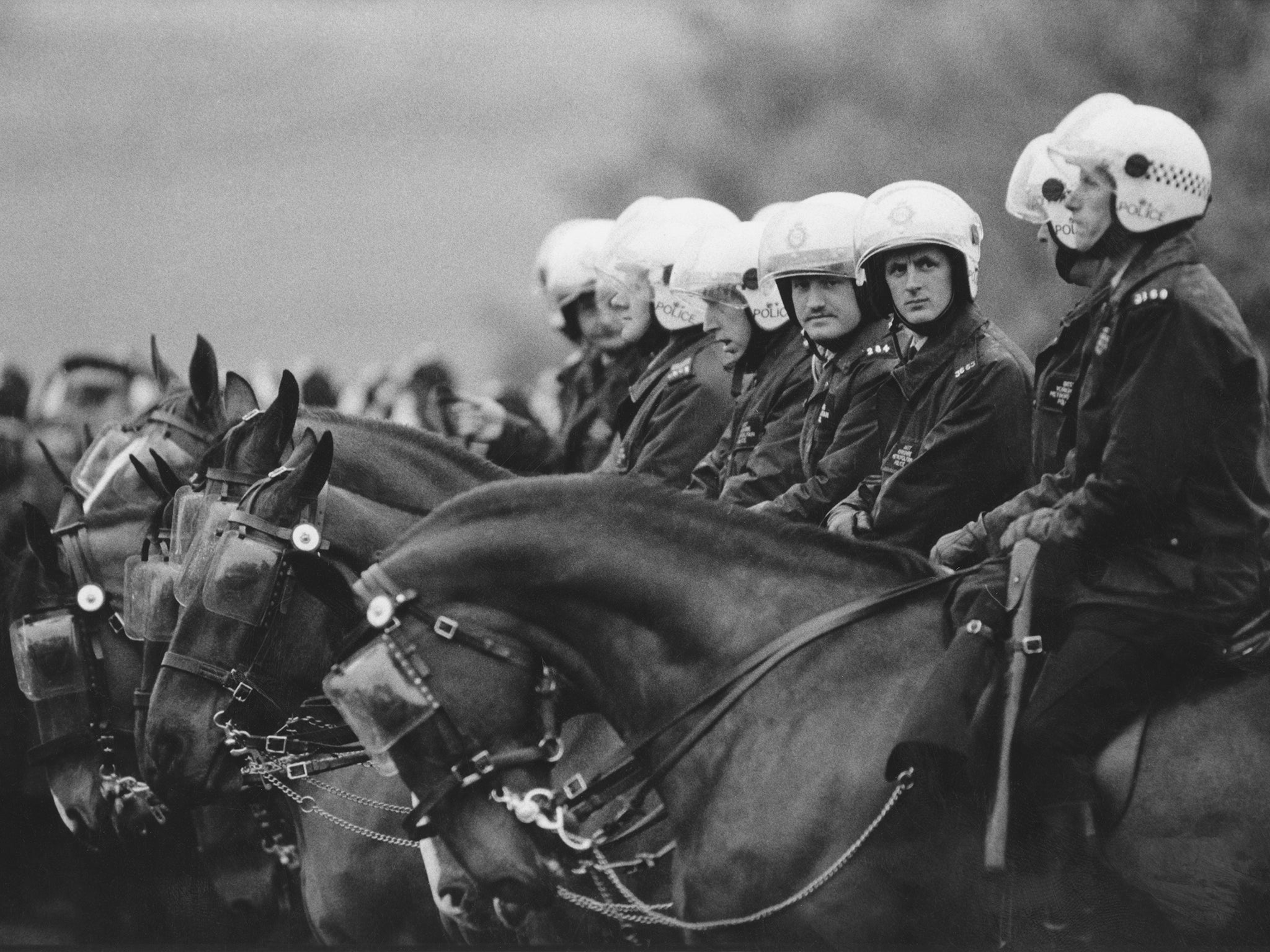 Mounted policemen lined up at Orgreave coking plant