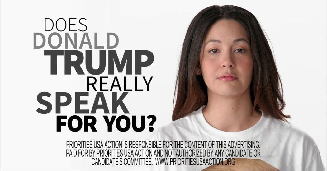 The advert highlights Mr Trump's comments about women