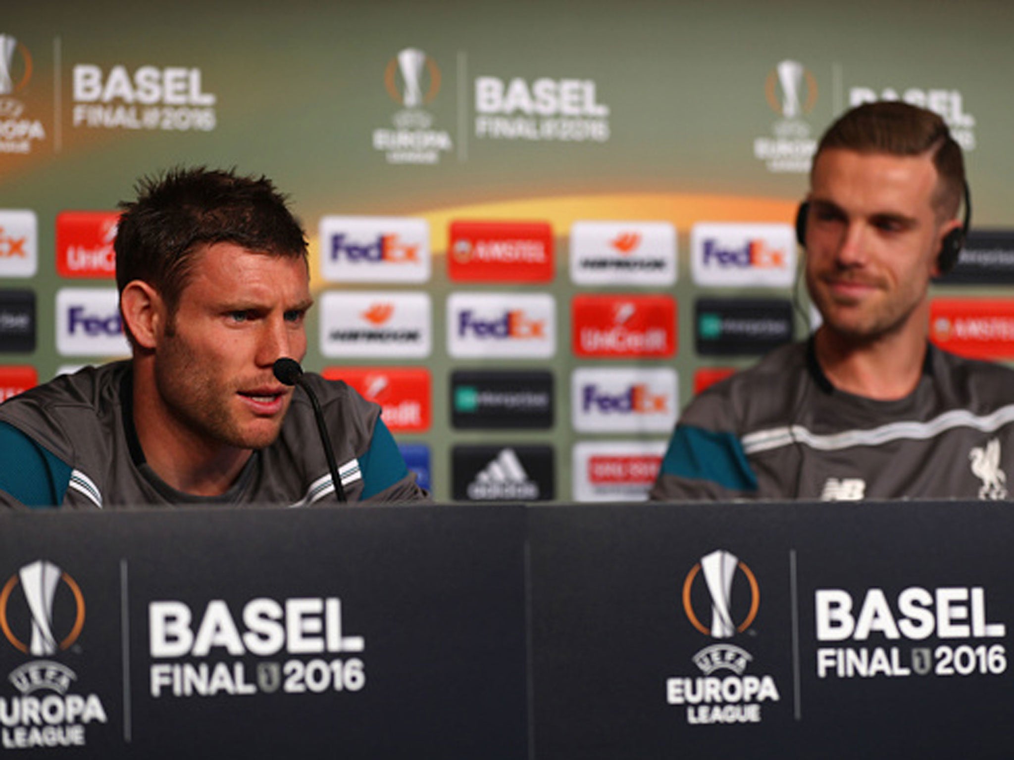 James Milner speaks to the press alongside manager Jurgen Klopp