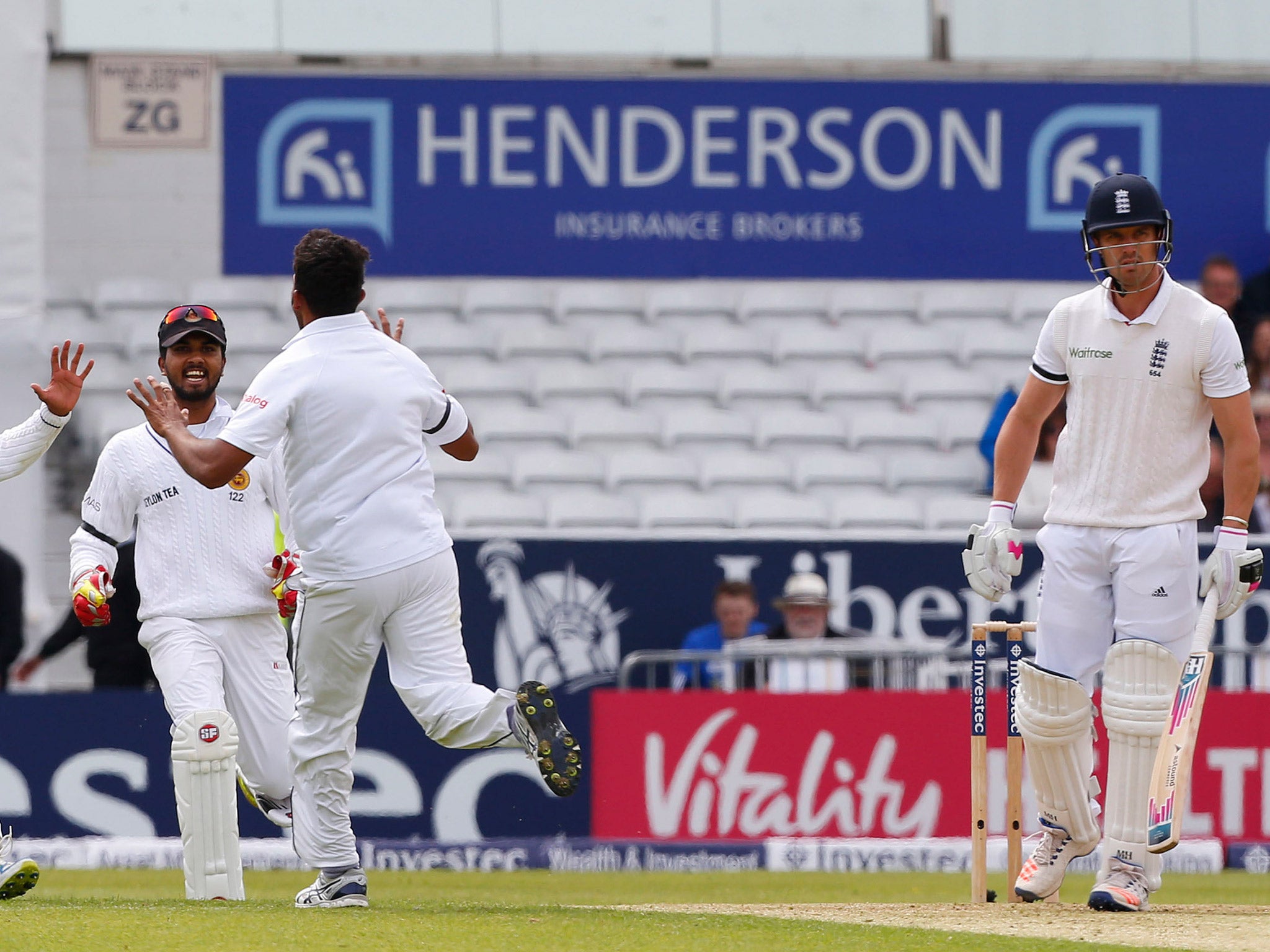 Nick Compton is out for a duck after being caught off Dasun Shanaka's bowling
