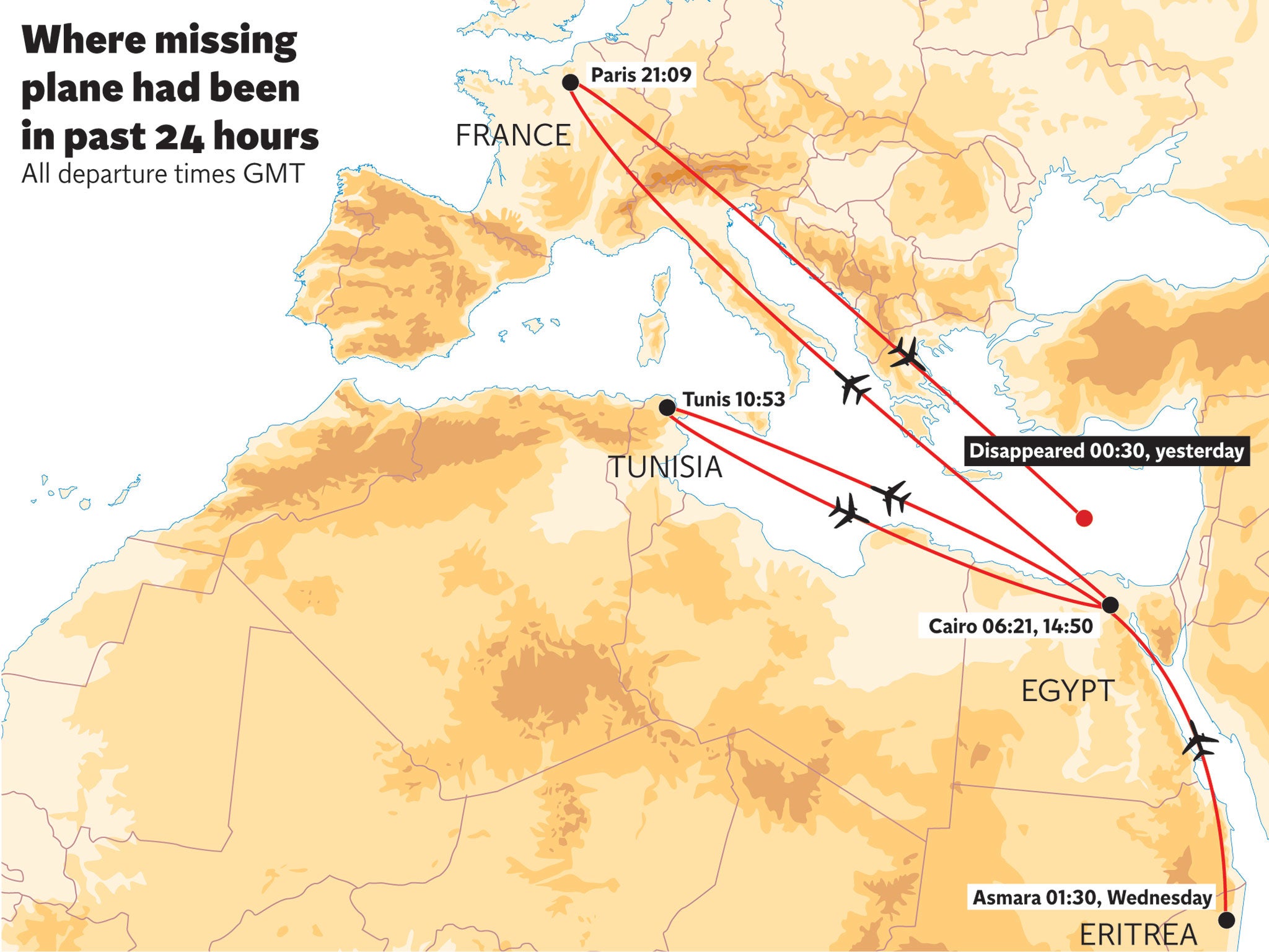 A ‘locator’ chart shows the final journeys of the EgyptAir A320