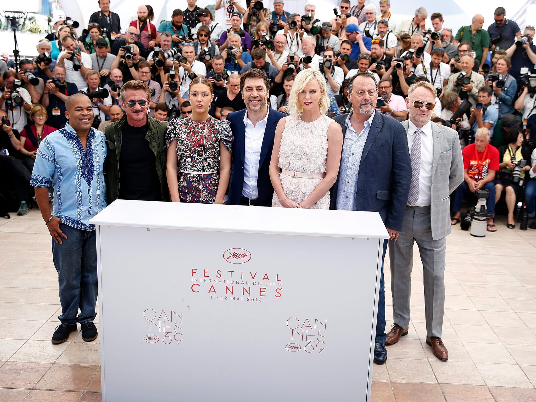 Zubin Cooper, Sean Penn, Adele Exarchopoulos, Javier Bardem, Charlize Theron, Jean Reno and Jared Harris pose during the photocall for 'The Last Face' at the Cannes Film Festival