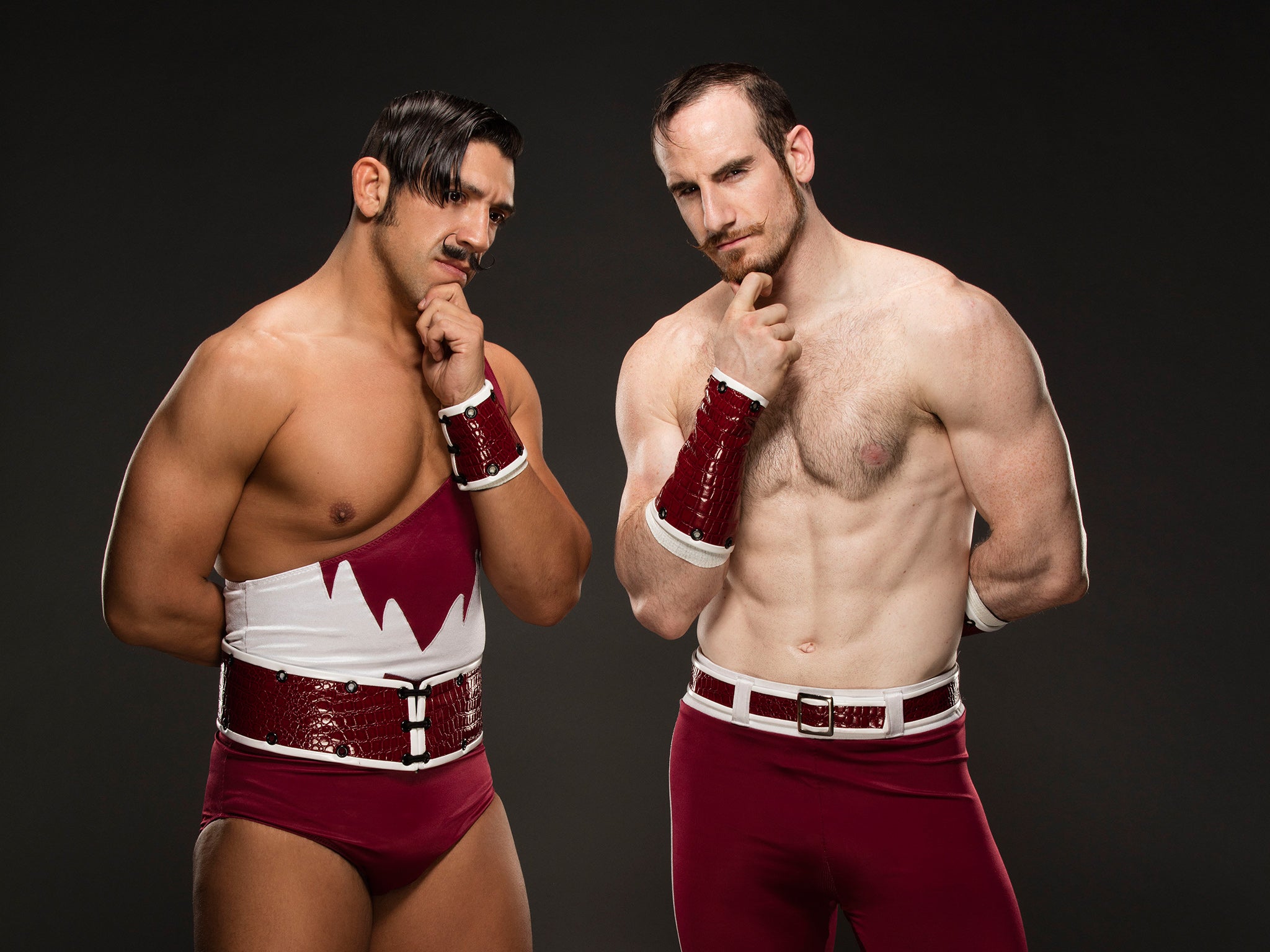 &#13;
Aiden English, right, and his tag team partner Simon Gotch &#13;