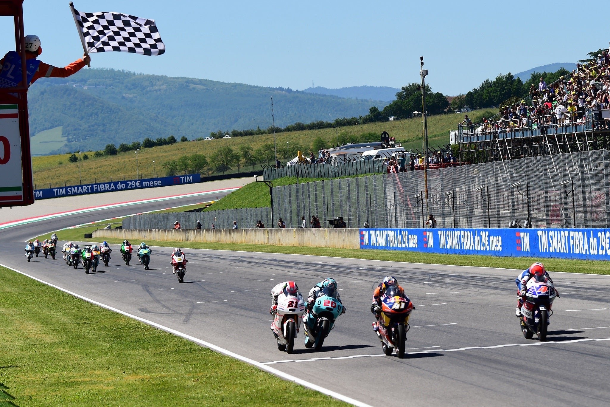 Brad Binder crosses the line to win the Moto3 Grand Prix