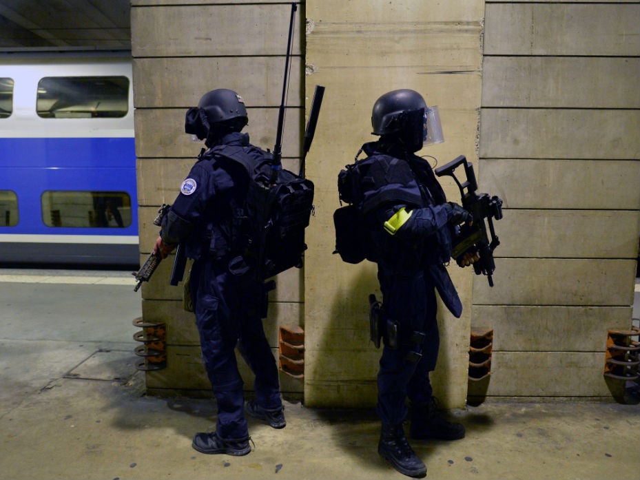 Members of the National Gendarmerie Intervention Group (GIGN) stand in position during a training exercise in the event of a terrorist attack