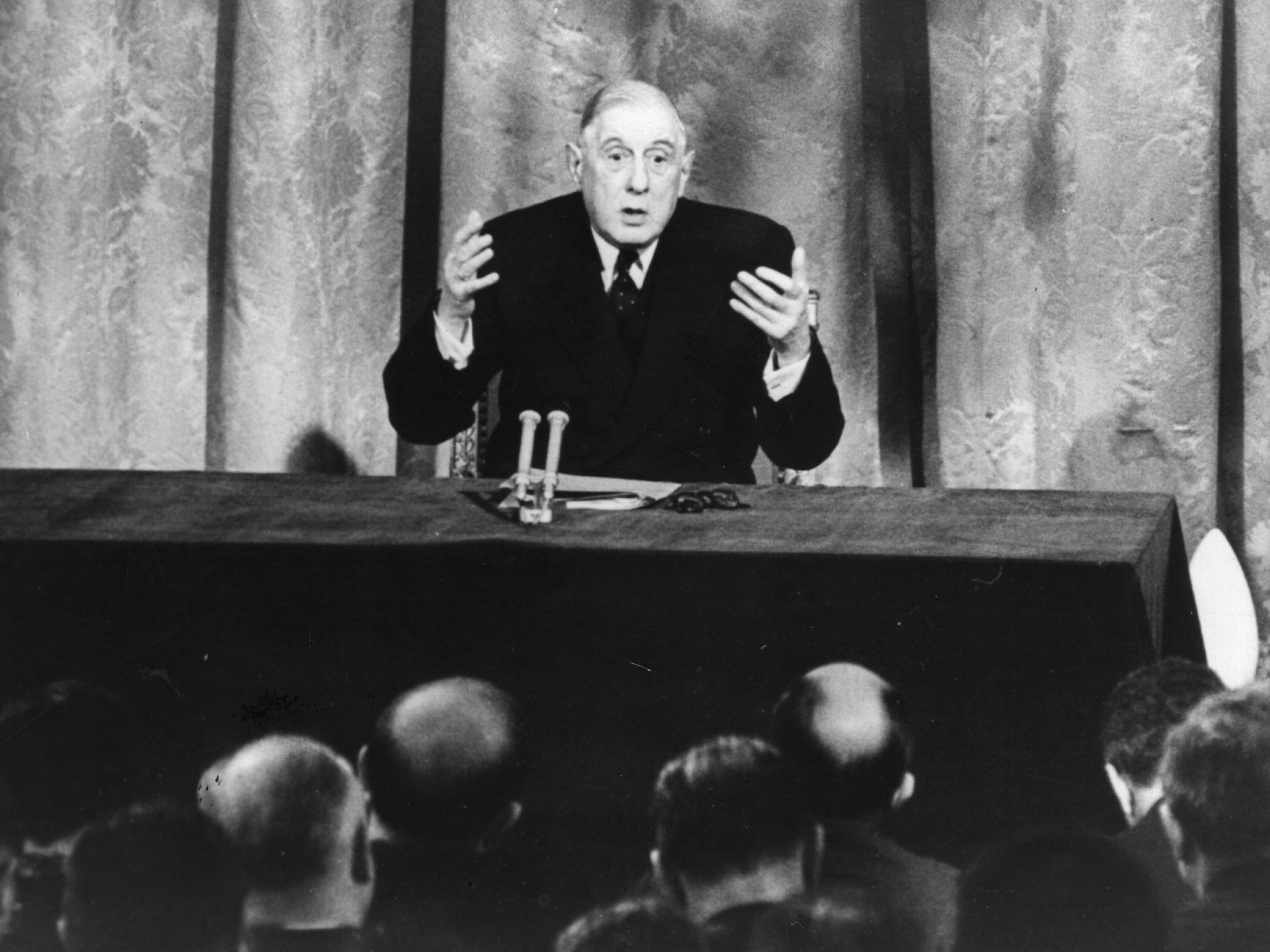 15th January 1963: Charles de Gaulle, president of the French Republic, making a speech at his press conference at Paris, during which he stated that Britain was not ready to join the Common Market except on special terms