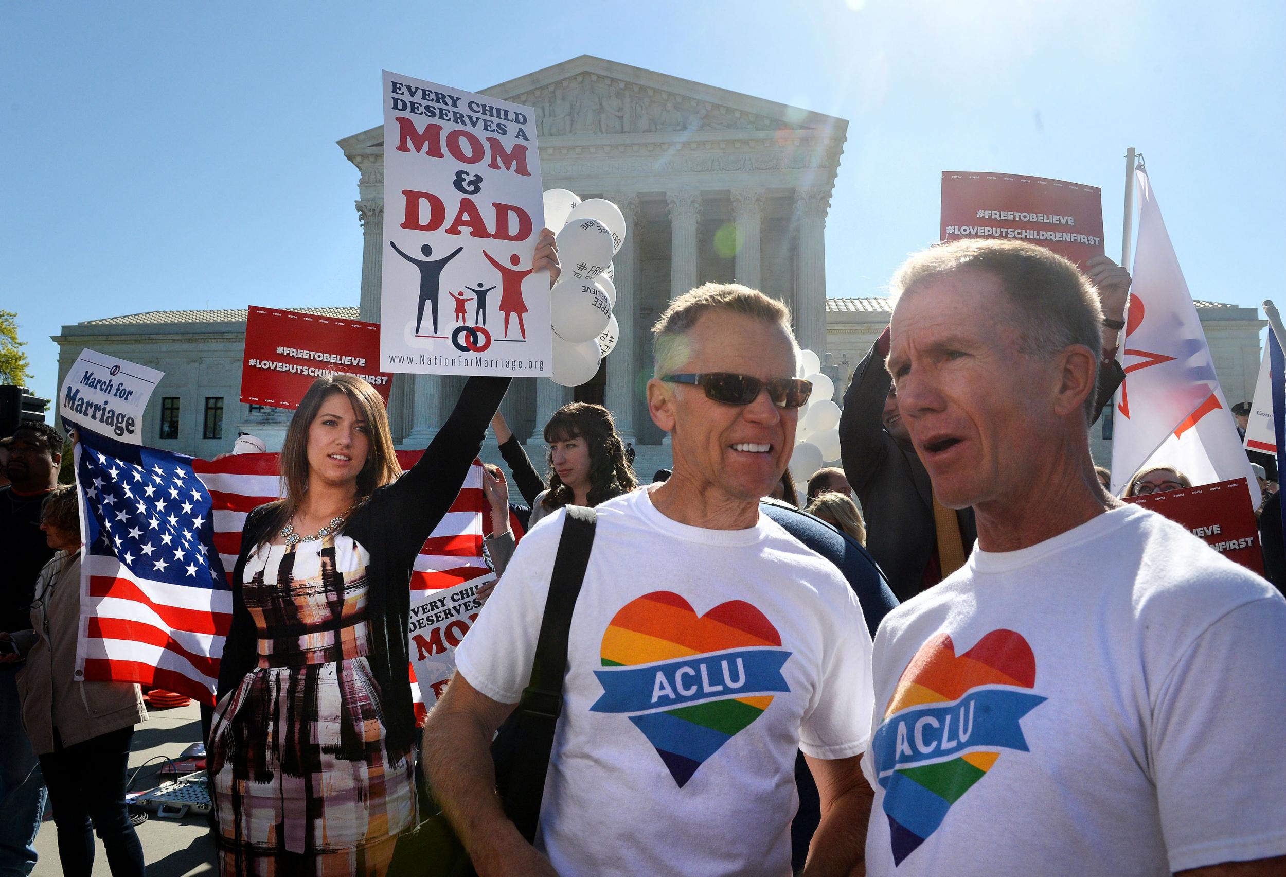 Gay rights campaigners celebrate when the Supreme Court rules in favour of same sex marriage in the US