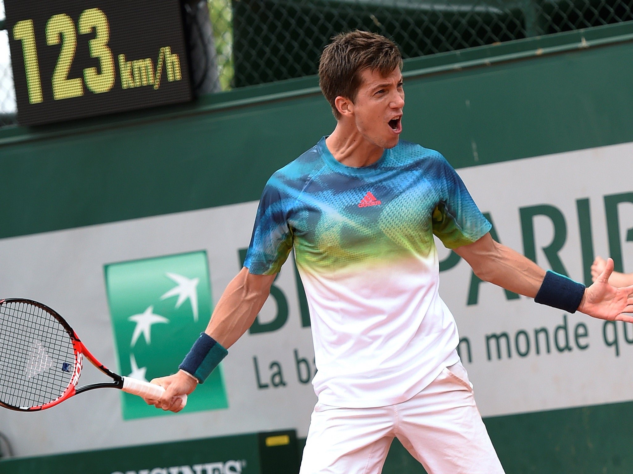 Aljaz Bedene celebrates his five-set victory over Pablo Carreno Busta in the French Open second round