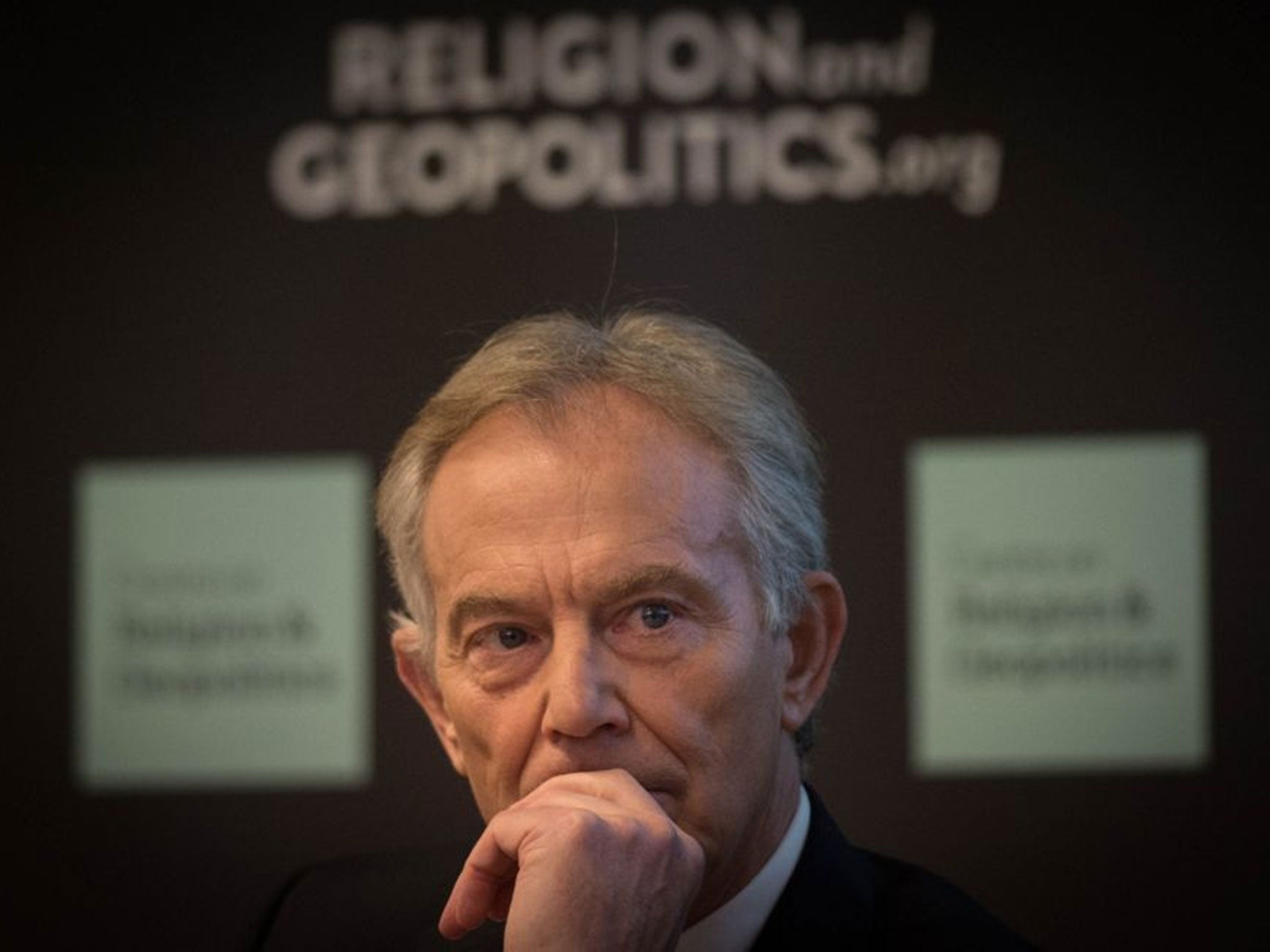 Former prime minister Tony Blair takes part in a discussion on Britain in the World in central london, where he admitted the West "underestimated" the problems in Iraq after the toppling of Saddam Hussein as he called for British ground troops to return to the region to take on Isis