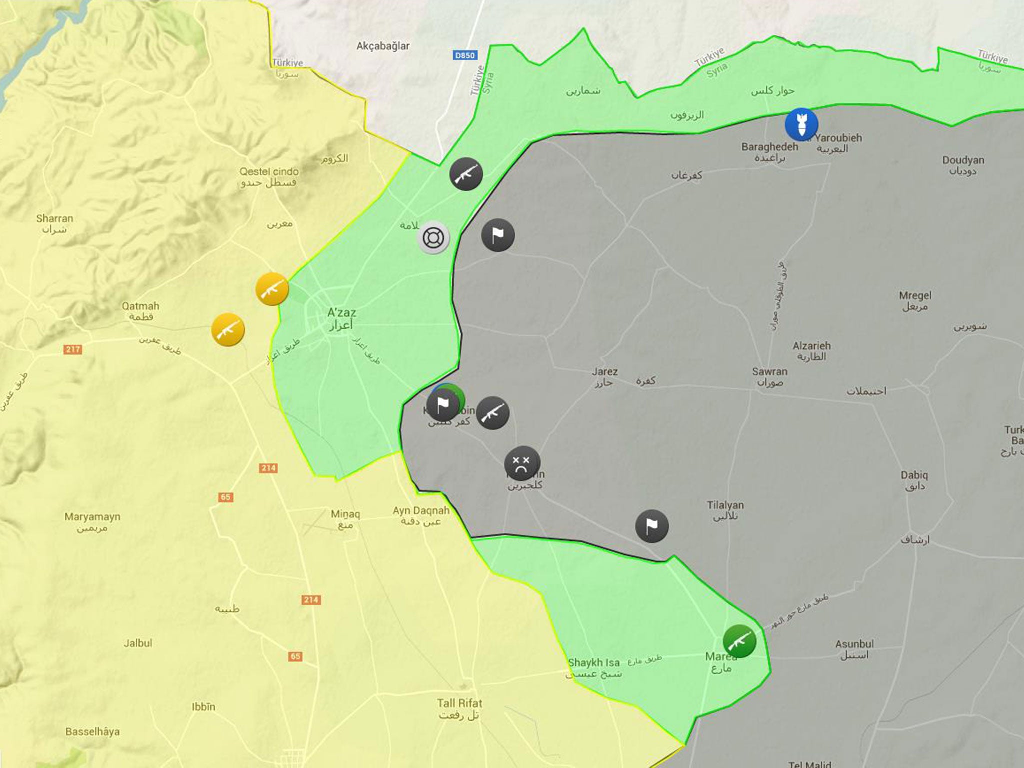 Isis (black) has advanced on rebel territory (in green) near Azaz in recent days. Territory held by the predominantly Kurdish Syrian Democratic Forces is seen in yellow.