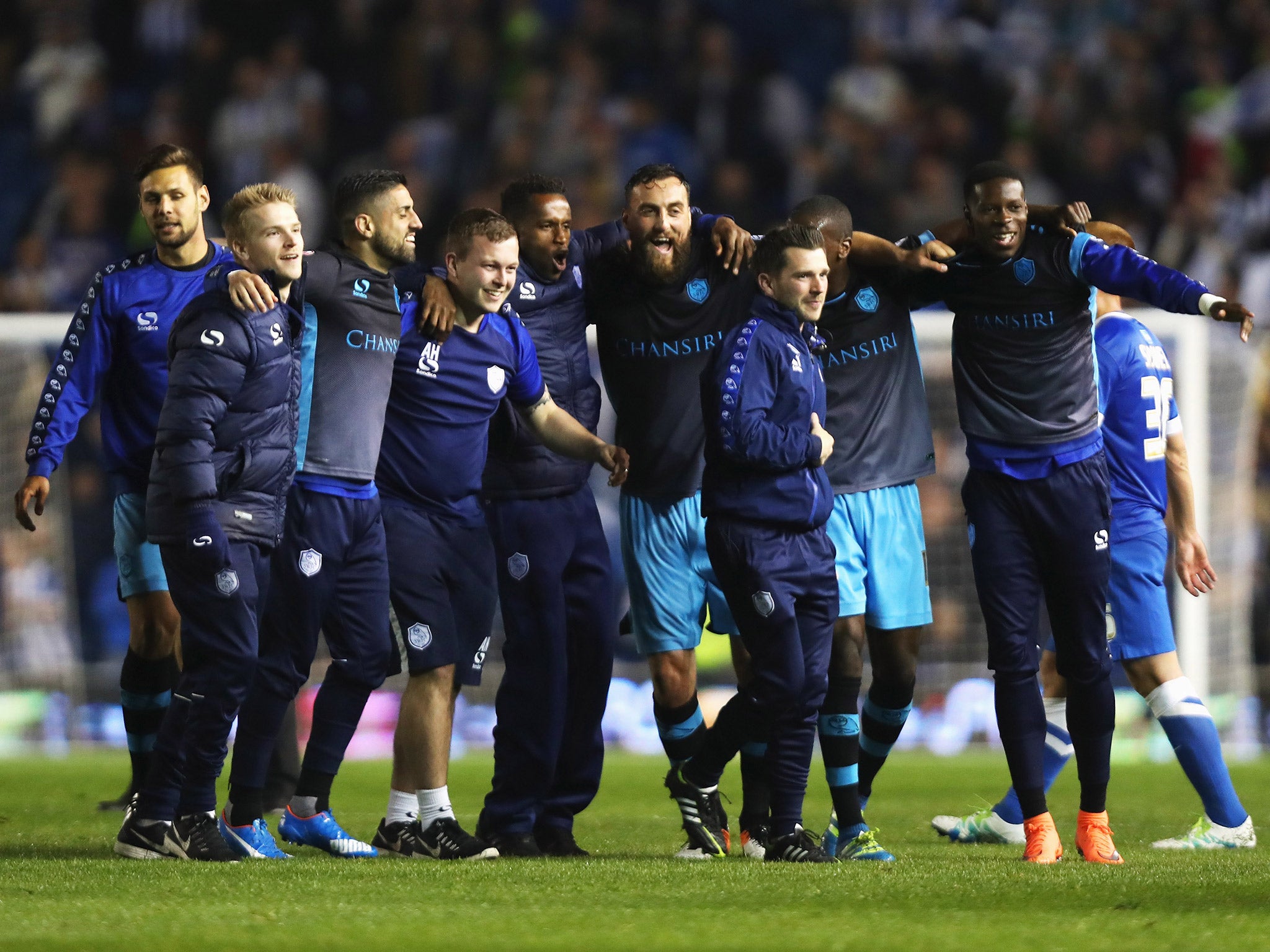 Sheffield Wednesday players celebrate after winning their Championship play-off semi-final over Brighton