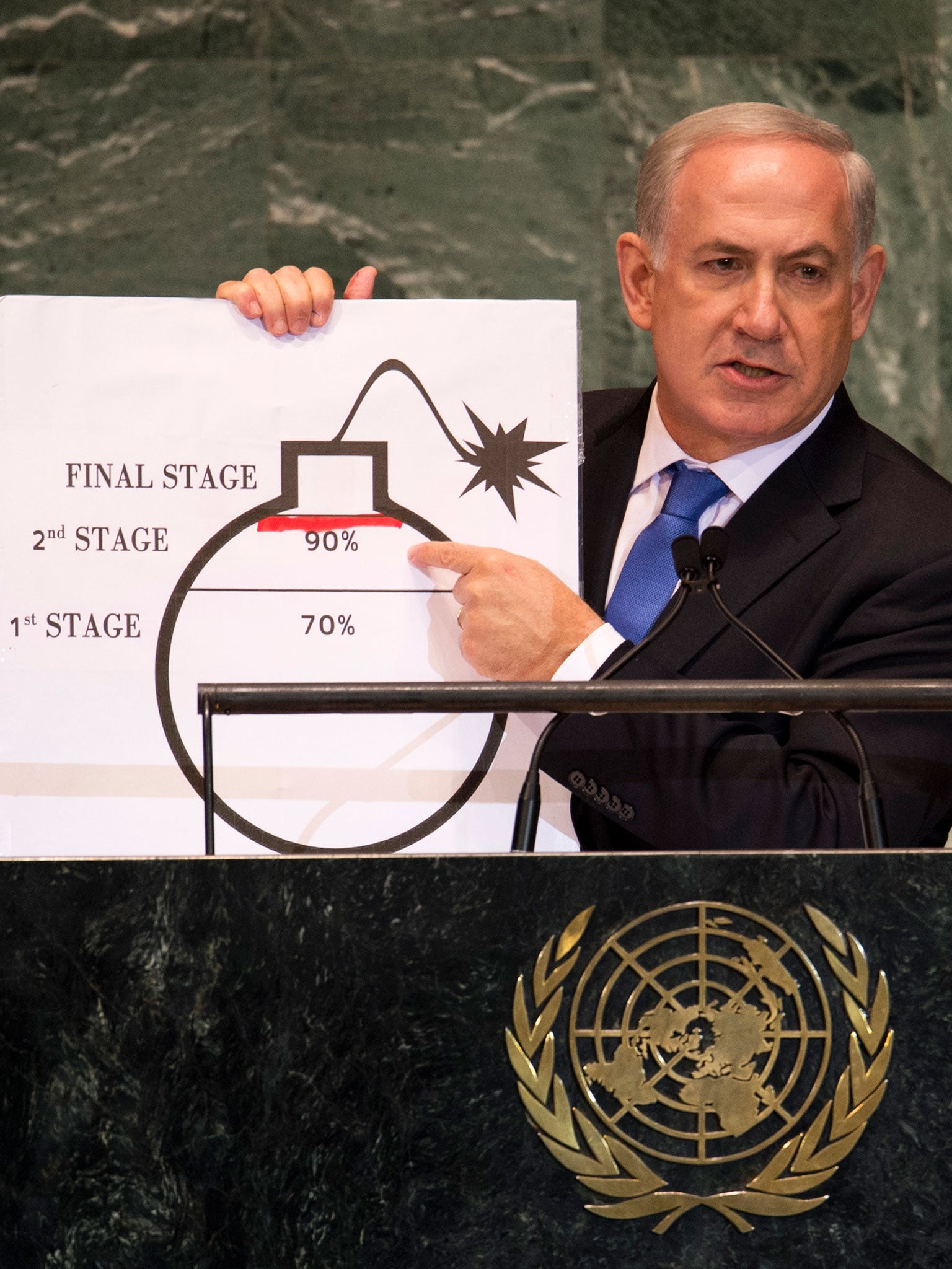 Benjamin Netanyahu, Prime Minister of Israel, uses a diagram of a bomb to describe Iran's nuclear program while delivering his address to the 67th United Nations General Assembly meeting on 27 September, 2012, at the United Nations in New York