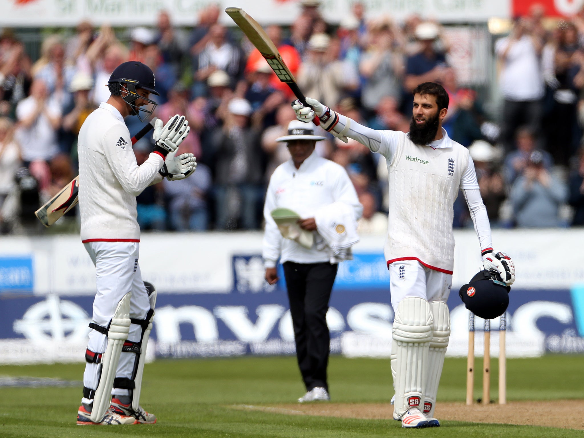 Moeen salutes the crowd after claiming his ton