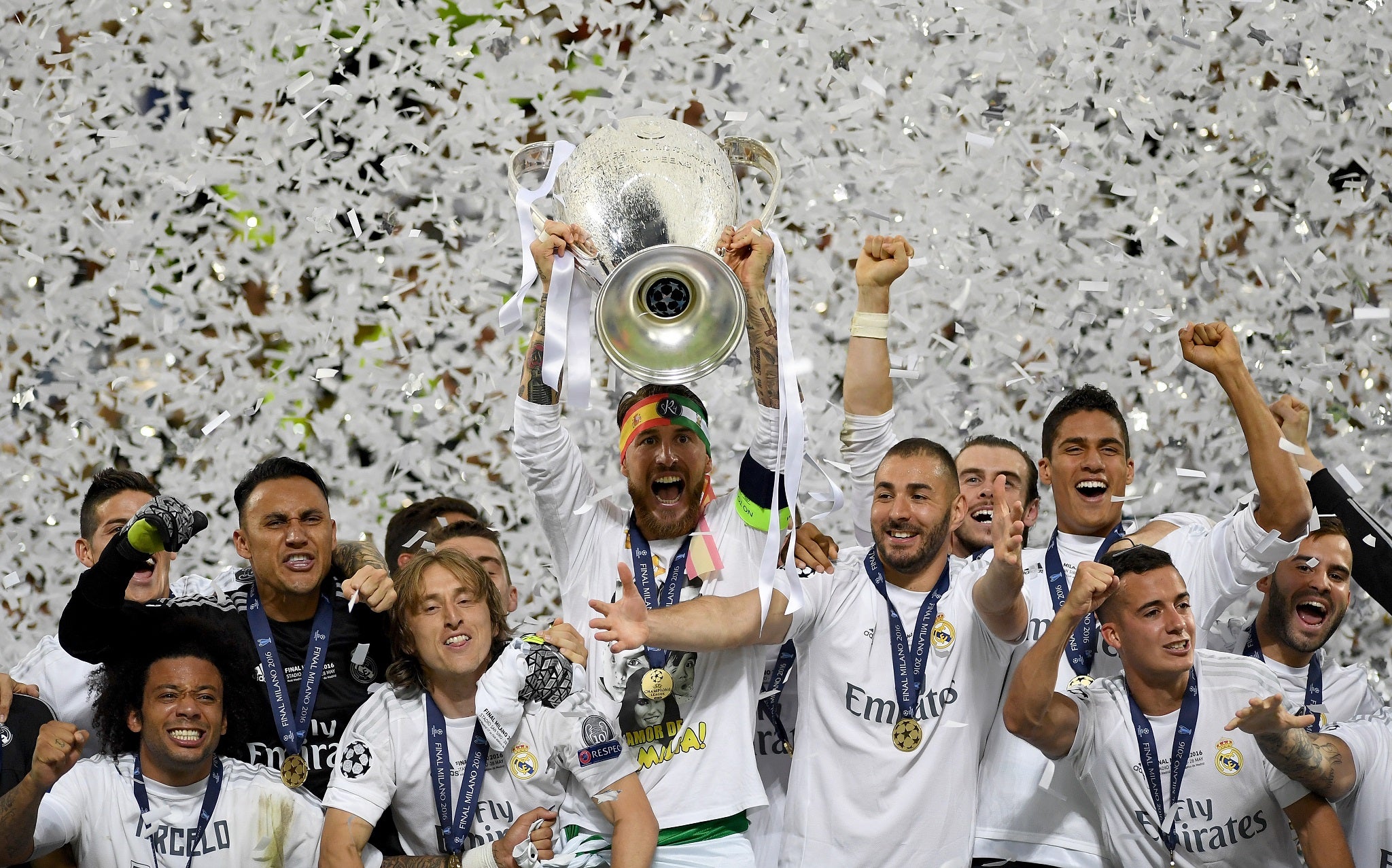 Sergio Ramos lifts the Champions League trophy