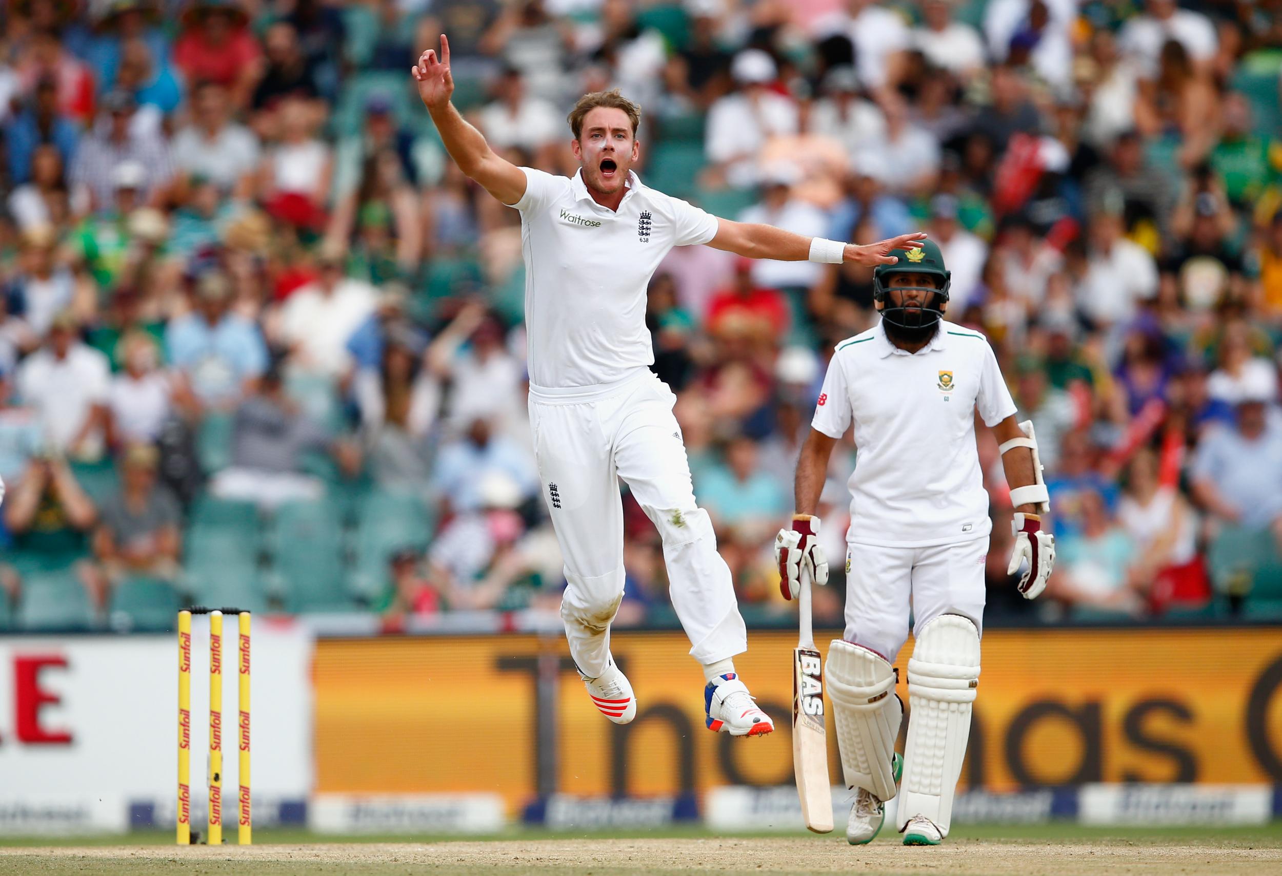 Broad celebrates against the South Africa, a team he's had great success against. Credit: Getty.