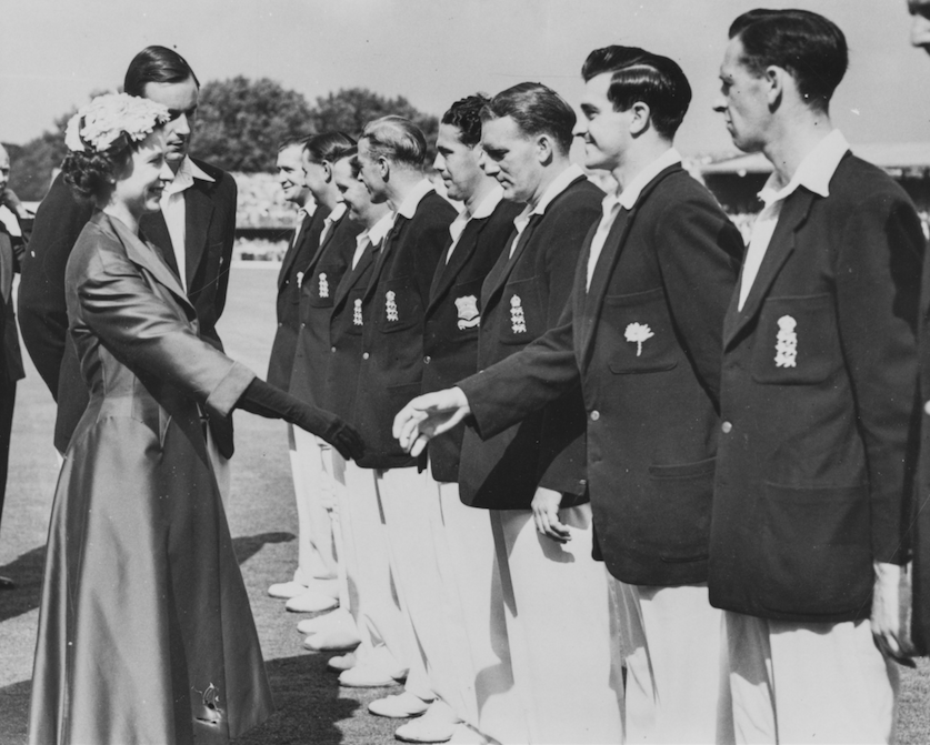 The Queen meets Fred Trueman and the rest of the England XI. Credit: Getty.