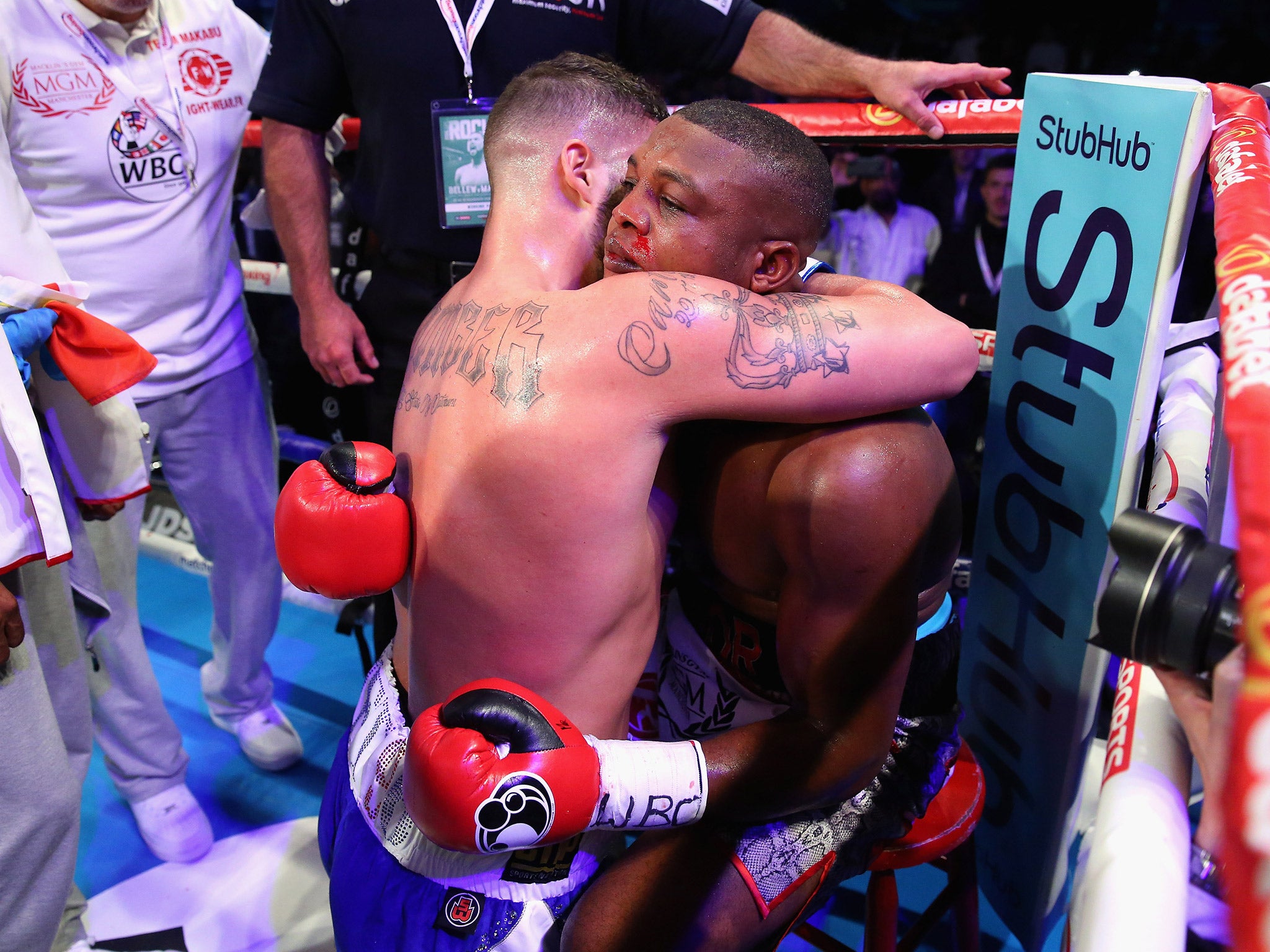 Bellew embraced Makabu after he recovered