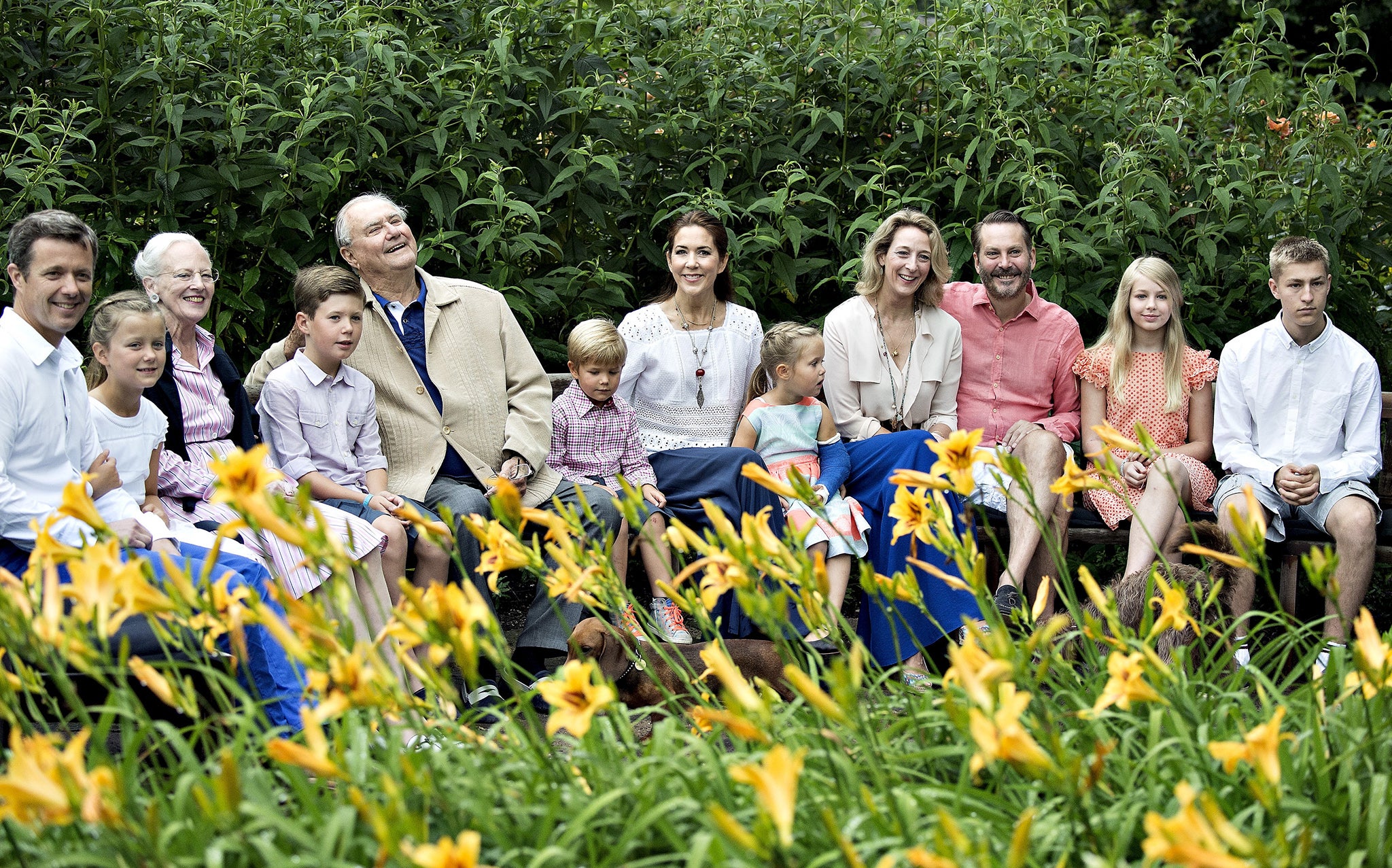 Pictured here: Queen Margrethe (3rd L), Prince Henrik (5th L), Crown Prince Frederik (L) and Crown Princess Mary (6th R) and their children, Prince Christian (4th L), Princess Isabella (2nd L), Prince Vincent (6th L) and Princess Josephine (5th R). Also pictured: Princess Alexandra (4th R) of Berleburg and Count Jefferson (3rd R) with their children Countess Ingrid