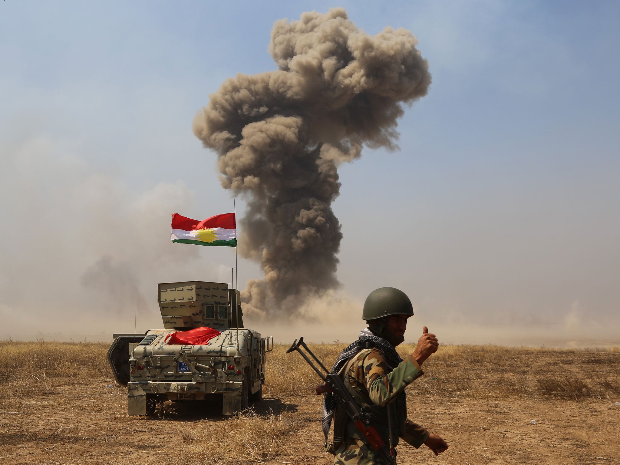 Smoke rises after coalition forces' aircrafts hit Isis targets during an operation led by Peshmerga forces against Daesh during an operation in Hazer region Mosul, Iraq on 29 May, 2016.