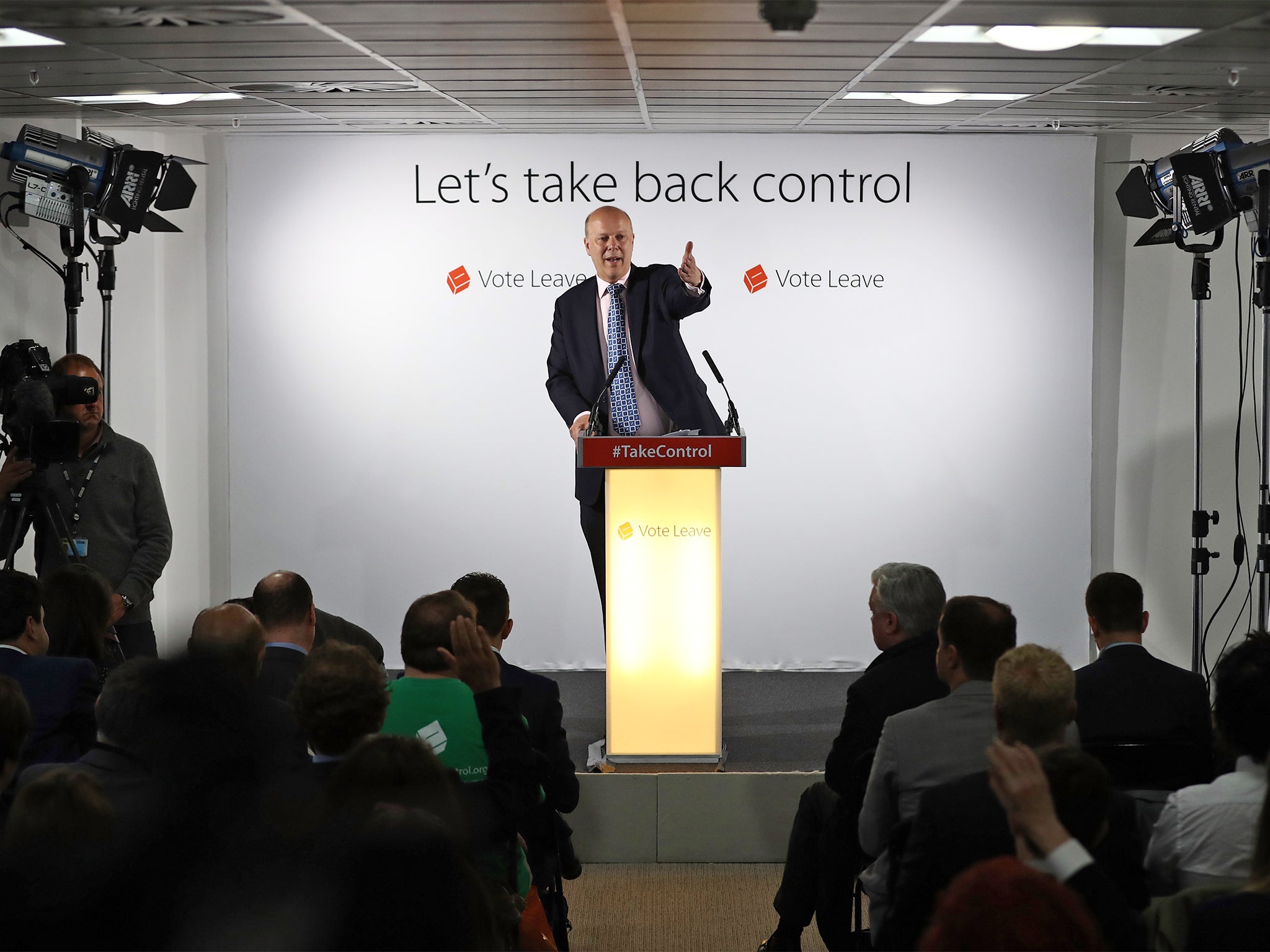 Chris Grayling delivers his speech at the Vote Leave headquarters in London yesterday