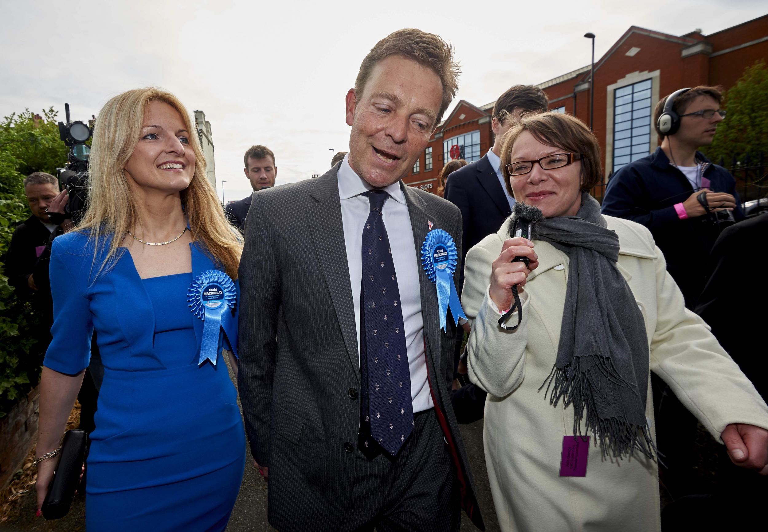 Craig Mackinlay speaks to the press after being declared the winner of the South Thanet seat (AFP)