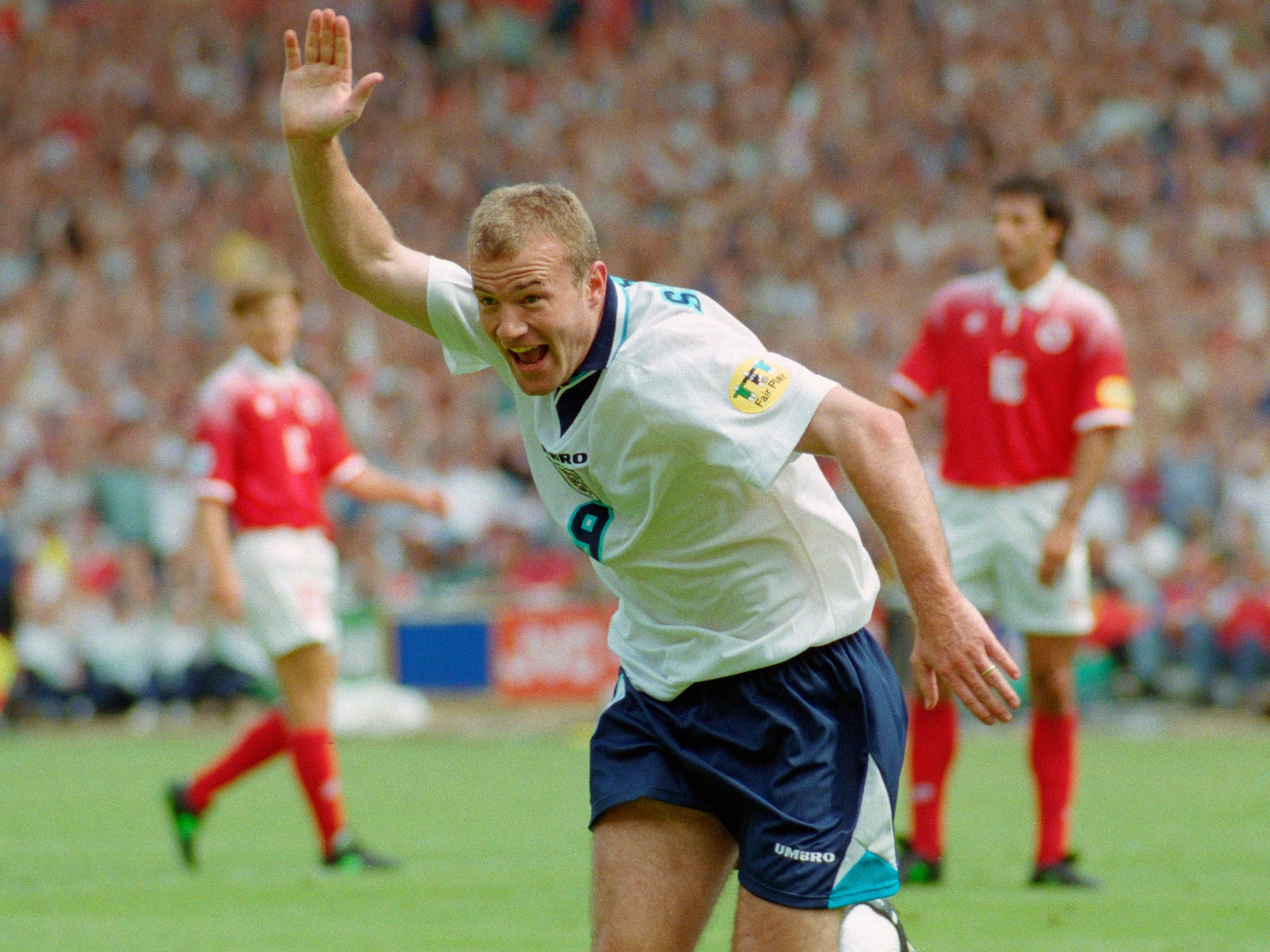 Alan Shearer celebrates scoring against Switzerland at Euro 96